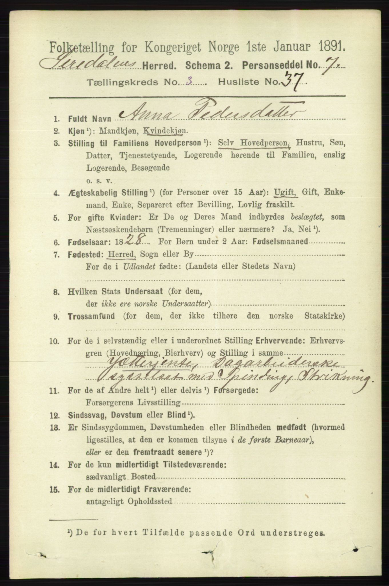 RA, 1891 census for 1046 Sirdal, 1891, p. 881