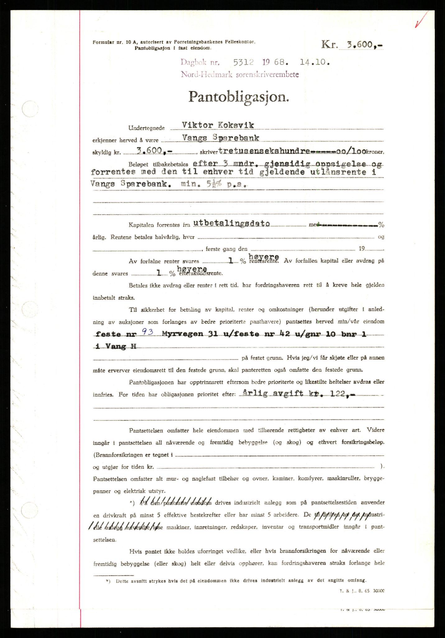 Nord-Hedmark sorenskriveri, SAH/TING-012/H/Hb/Hbf/L0077: Mortgage book no. B77, 1968-1969, Diary no: : 5312/1968