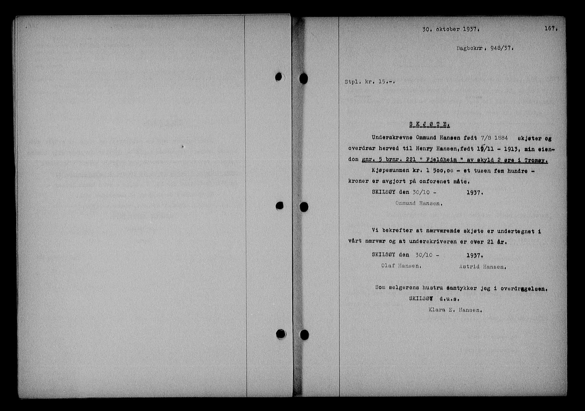 Nedenes sorenskriveri, SAK/1221-0006/G/Gb/Gba/L0044: Mortgage book no. 40, 1937-1938, Diary no: : 948/1937