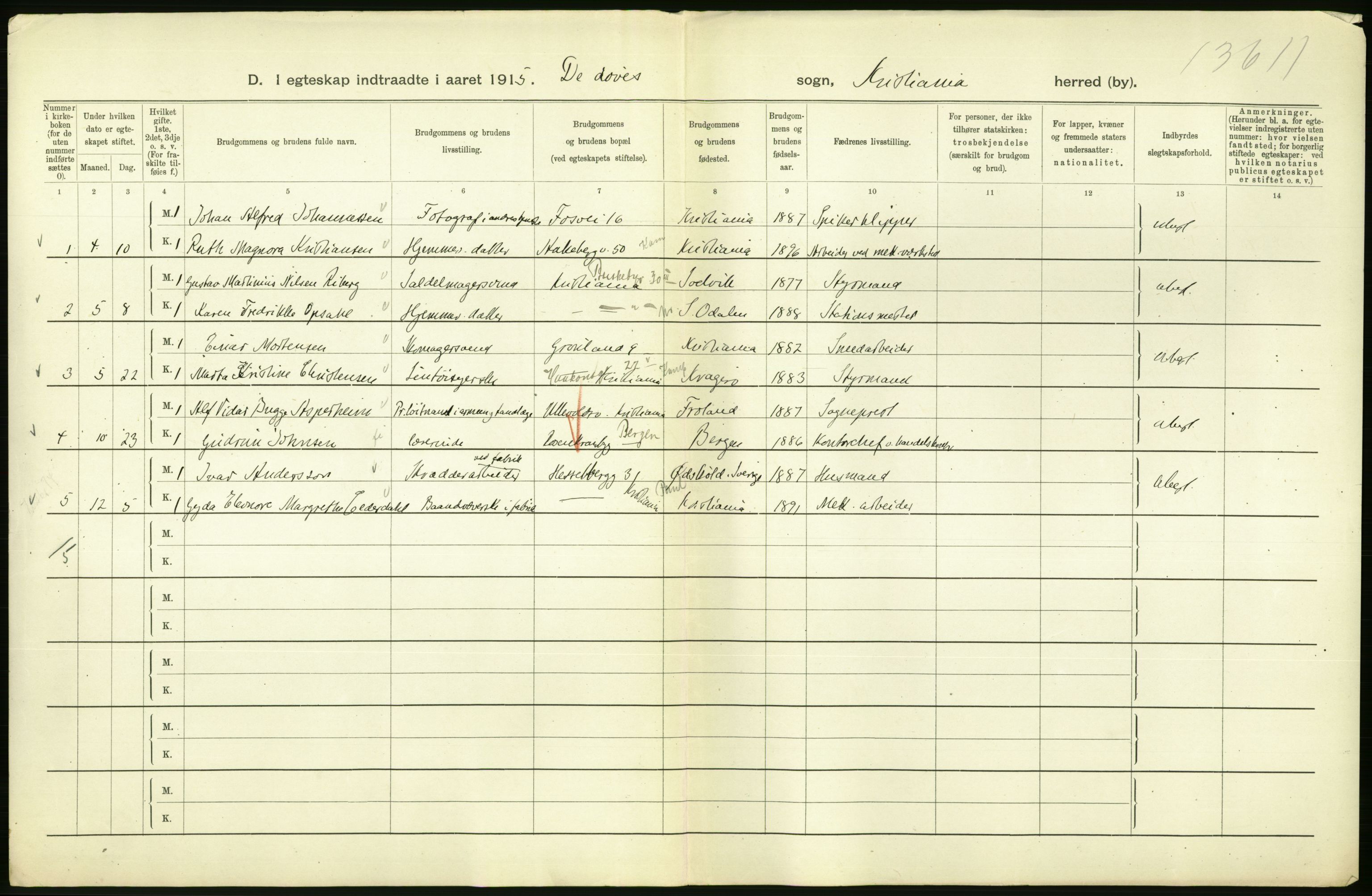 Statistisk sentralbyrå, Sosiodemografiske emner, Befolkning, RA/S-2228/D/Df/Dfb/Dfbe/L0008: Kristiania: Gifte., 1915, p. 628