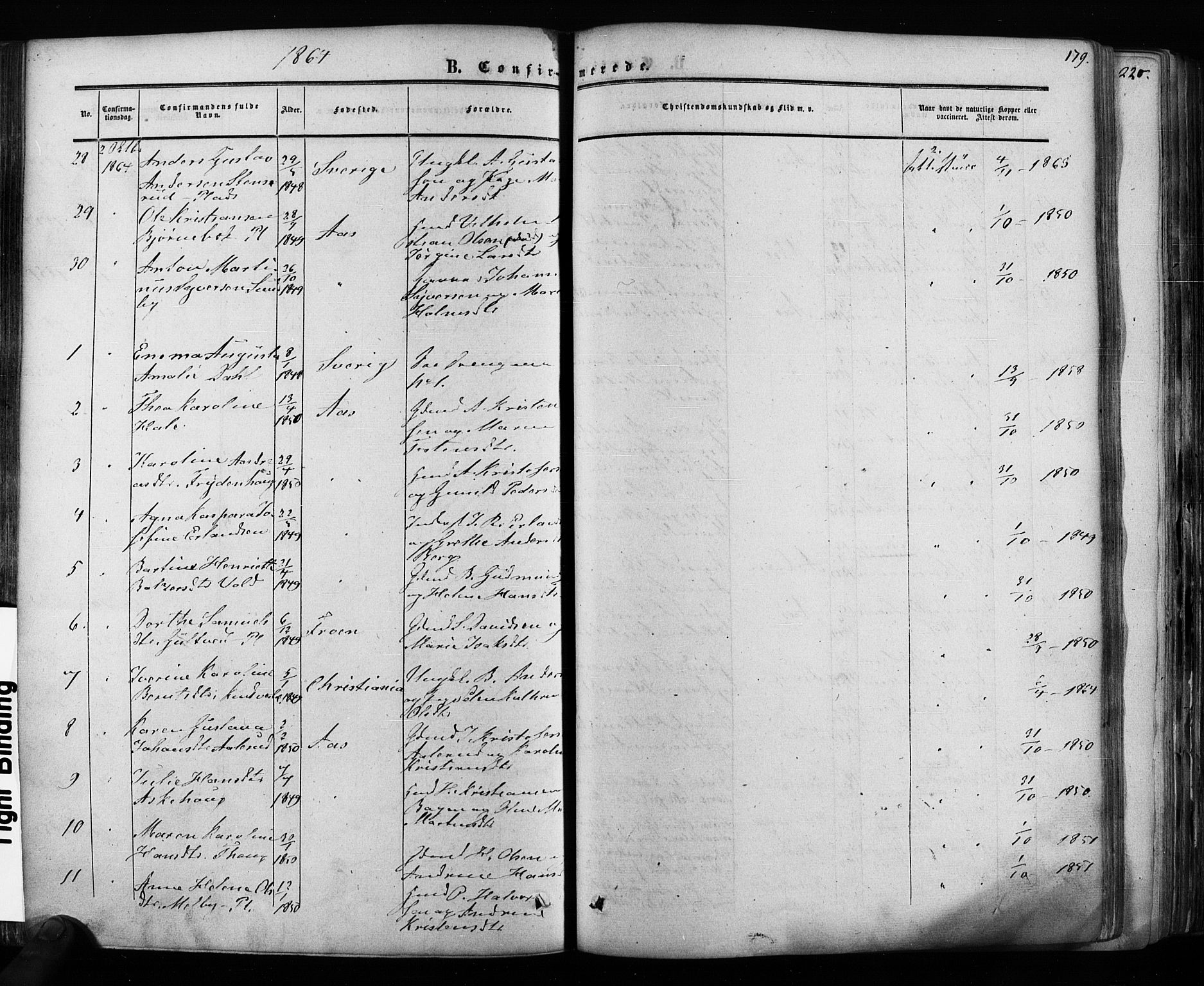 Ås prestekontor Kirkebøker, AV/SAO-A-10894/F/Fa/L0007: Parish register (official) no. I 7, 1854-1870, p. 179