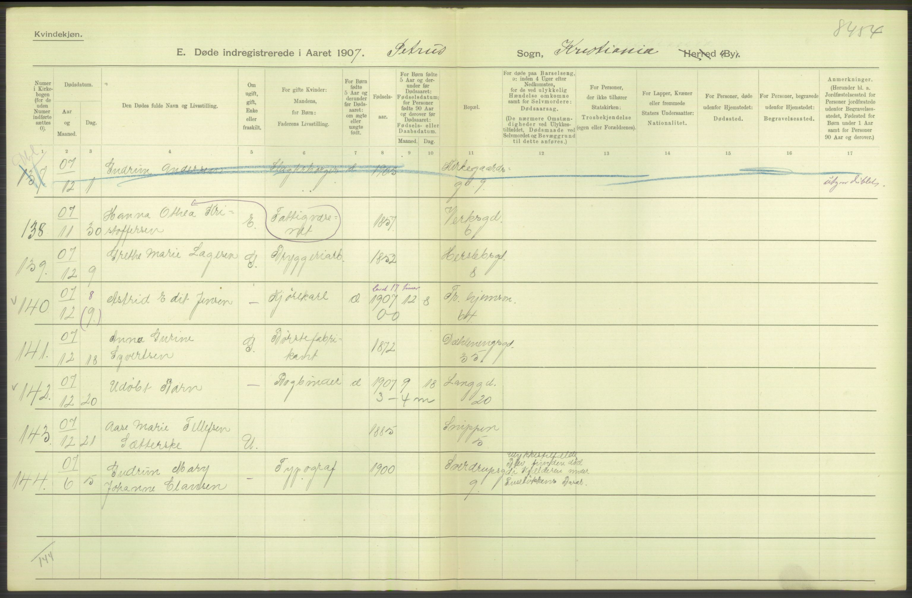 Statistisk sentralbyrå, Sosiodemografiske emner, Befolkning, RA/S-2228/D/Df/Dfa/Dfae/L0009: Kristiania: Døde, 1907, p. 344