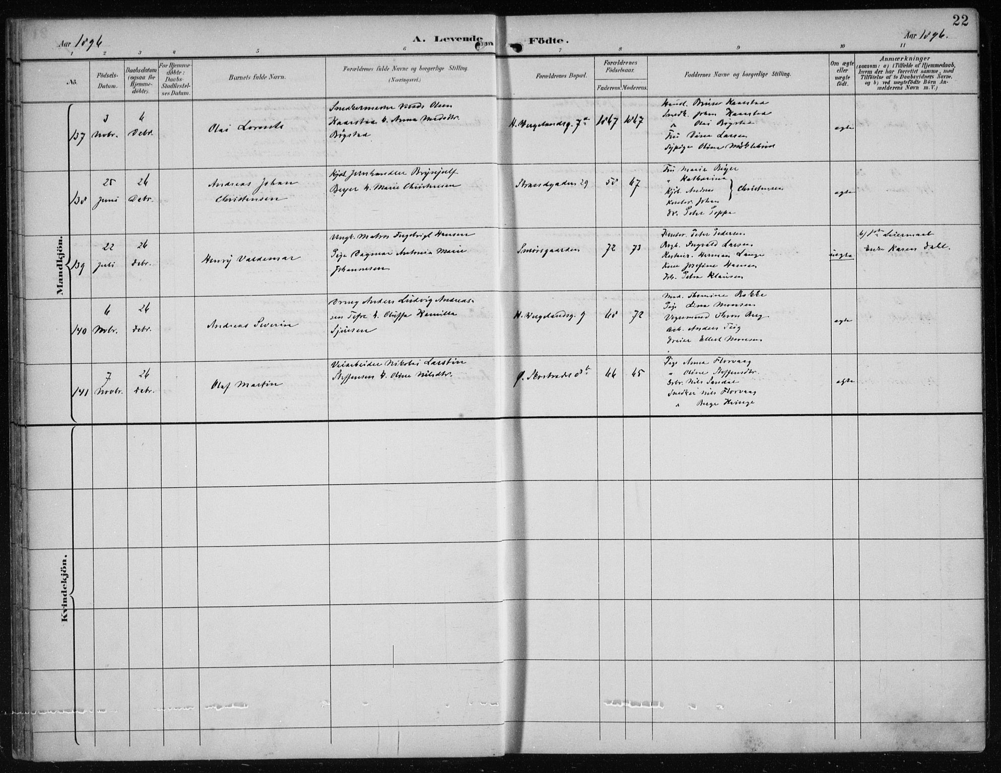 Korskirken sokneprestembete, AV/SAB-A-76101/H/Hab: Parish register (copy) no. B 10, 1896-1905, p. 22