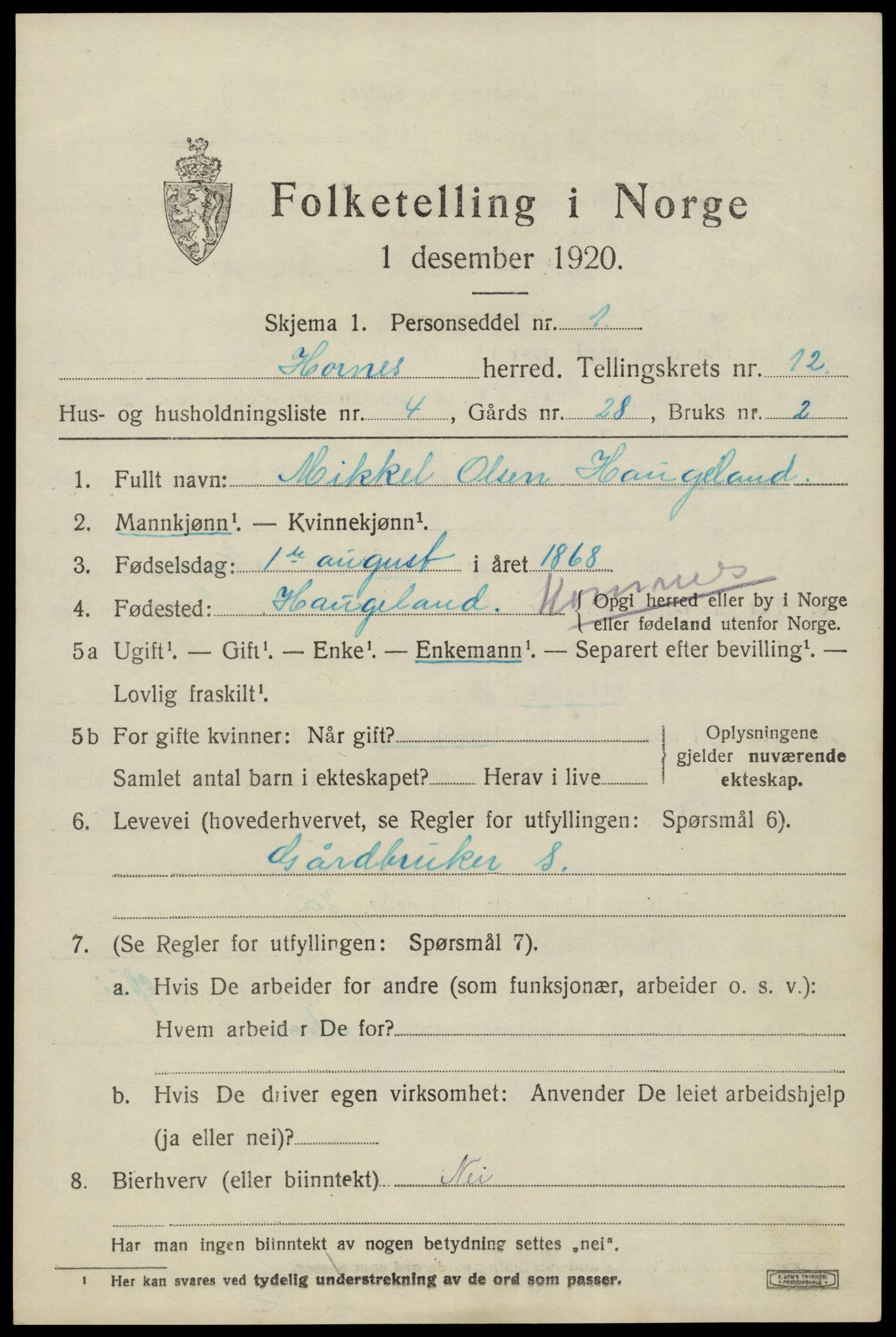 SAK, 1920 census for Hornnes, 1920, p. 2907