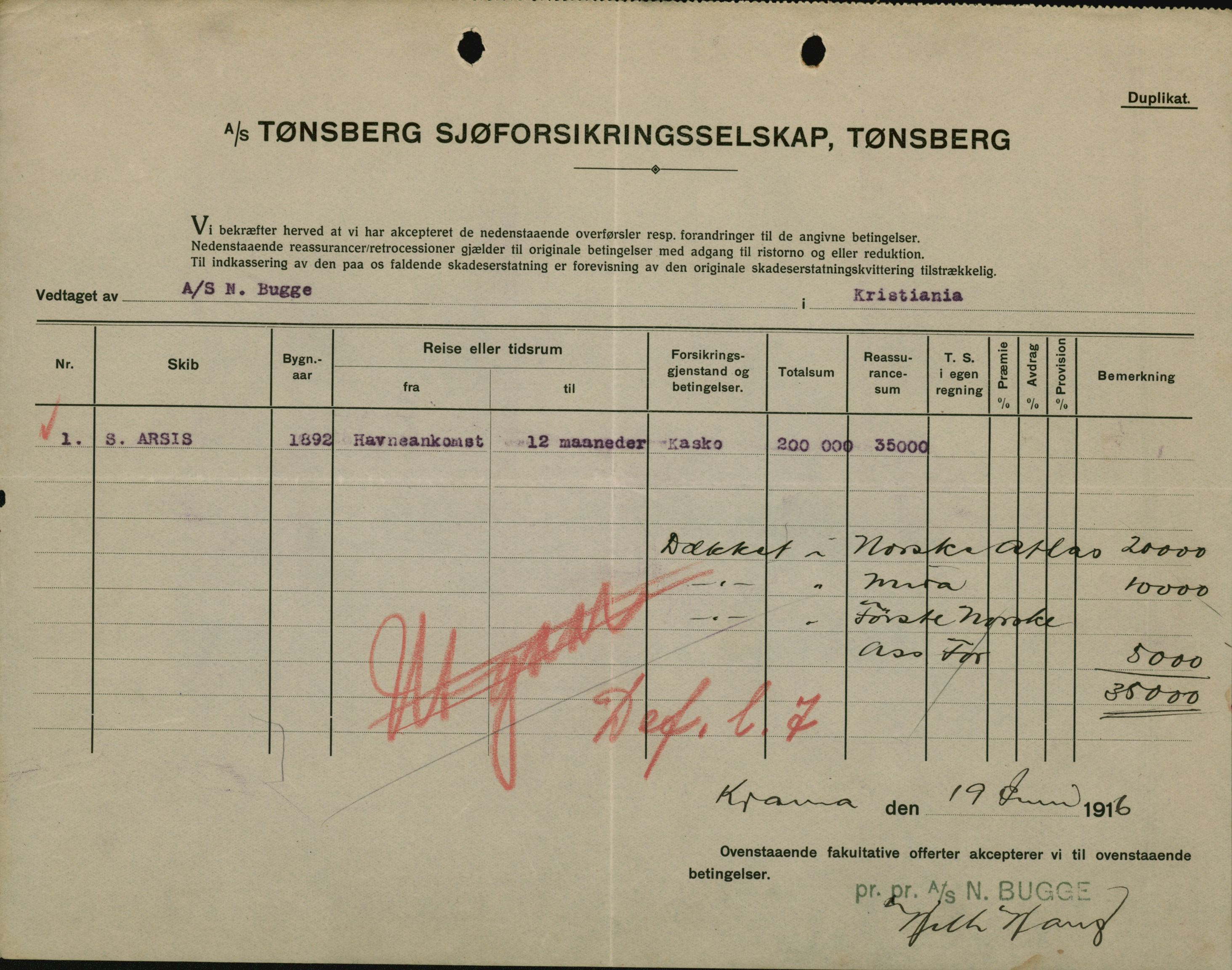 Pa 664 - Tønsberg Sjøforsikringsselskap, VEMU/A-1773/F/L0001: Forsikringspoliser, 1915-1918