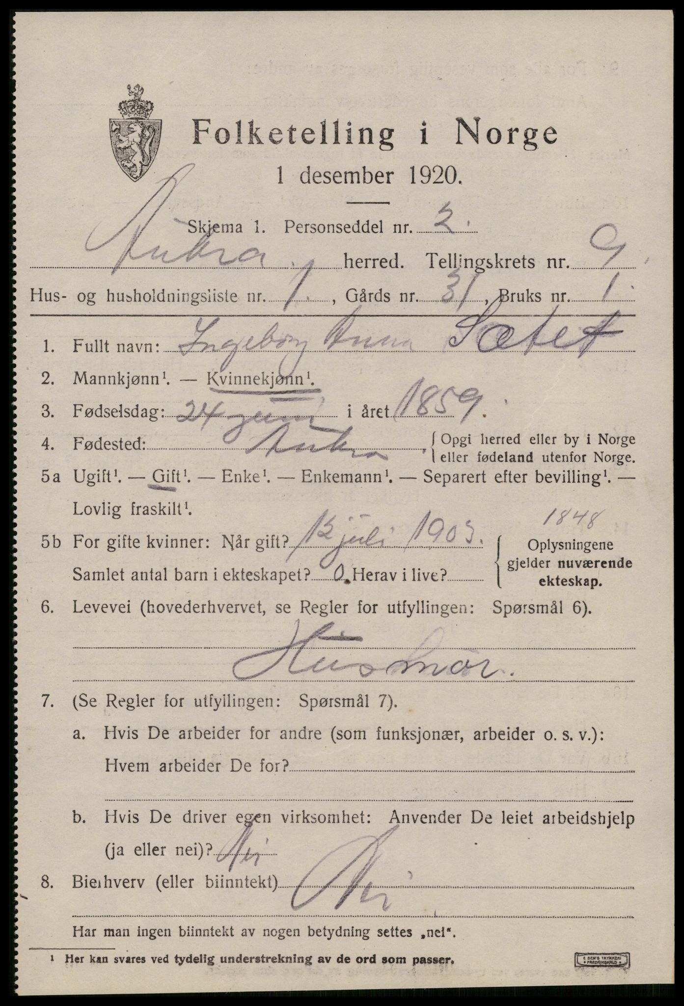 SAT, 1920 census for Aukra, 1920, p. 4545