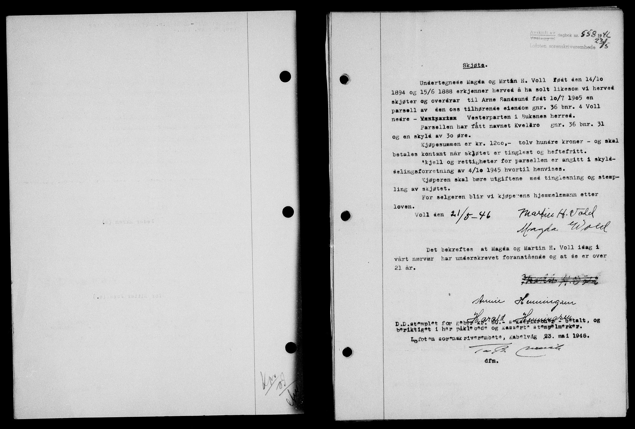 Lofoten sorenskriveri, SAT/A-0017/1/2/2C/L0014a: Mortgage book no. 14a, 1946-1946, Diary no: : 558/1946