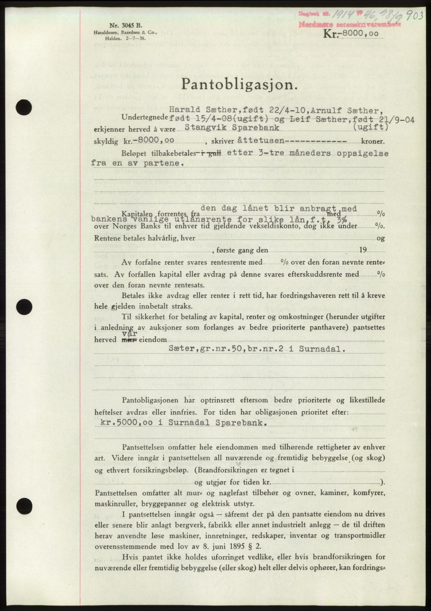 Nordmøre sorenskriveri, AV/SAT-A-4132/1/2/2Ca: Mortgage book no. B94, 1946-1946, Diary no: : 1914/1946