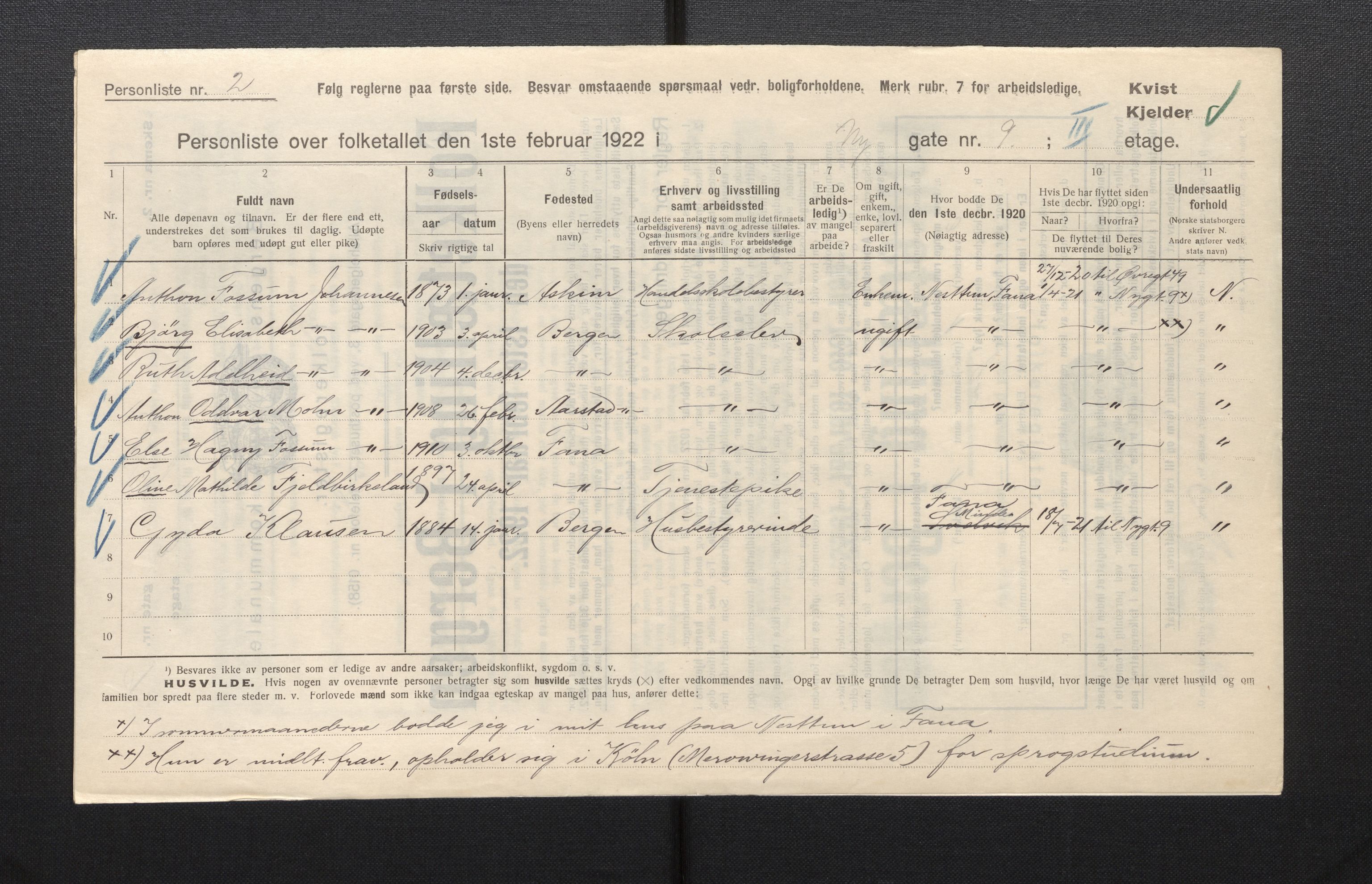 SAB, Municipal Census 1922 for Bergen, 1922, p. 29185