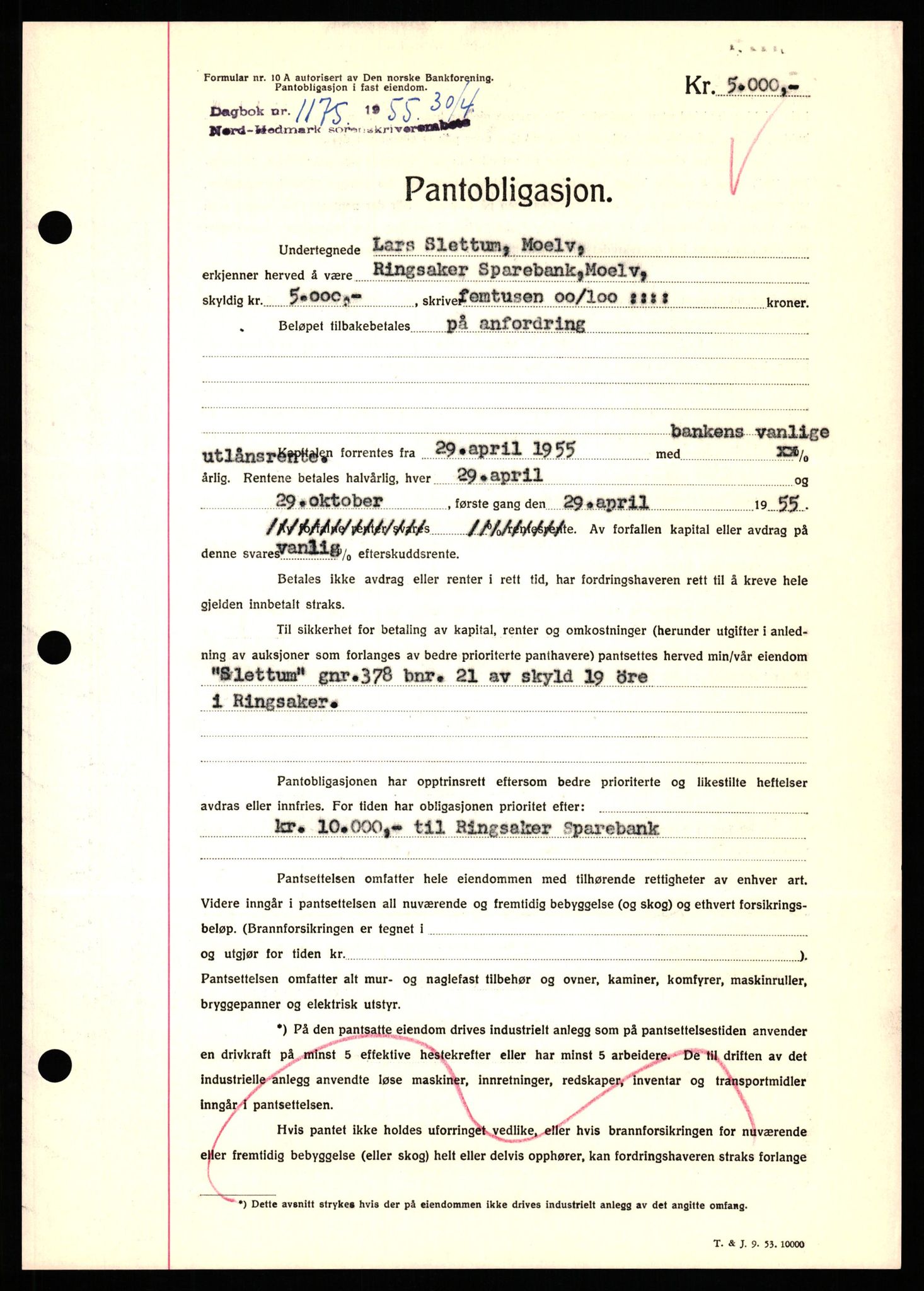 Nord-Hedmark sorenskriveri, SAH/TING-012/H/Hb/Hbf/L0032: Mortgage book no. B32, 1955-1955, Diary no: : 1175/1952
