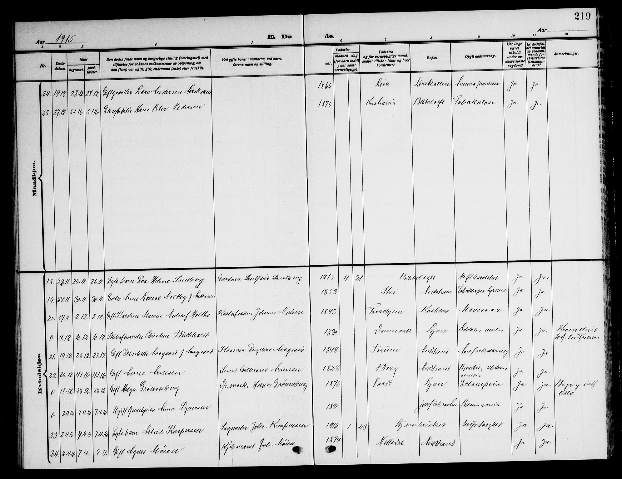 Nordstrand prestekontor Kirkebøker, AV/SAO-A-10362a/G/Ga/L0001: Parish register (copy) no. I 1, 1911-1918, p. 219