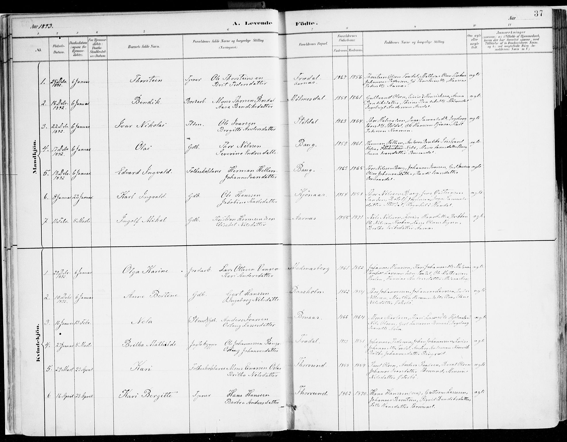 Lavik sokneprestembete, AV/SAB-A-80901: Parish register (official) no. B 1, 1882-1908, p. 37