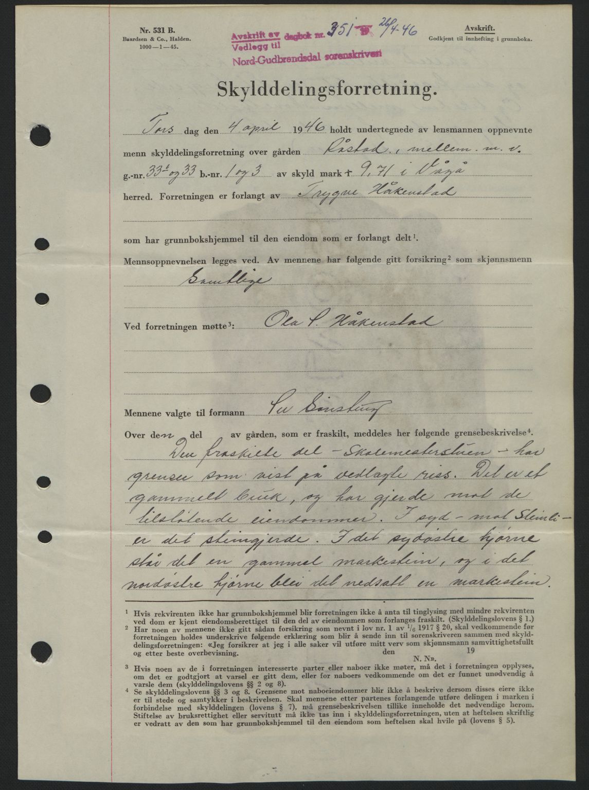 Nord-Gudbrandsdal tingrett, AV/SAH-TING-002/H/Hb/Hbb/L0014: Mortgage book no. FA14, 1946-1946, Diary no: : 351/1946