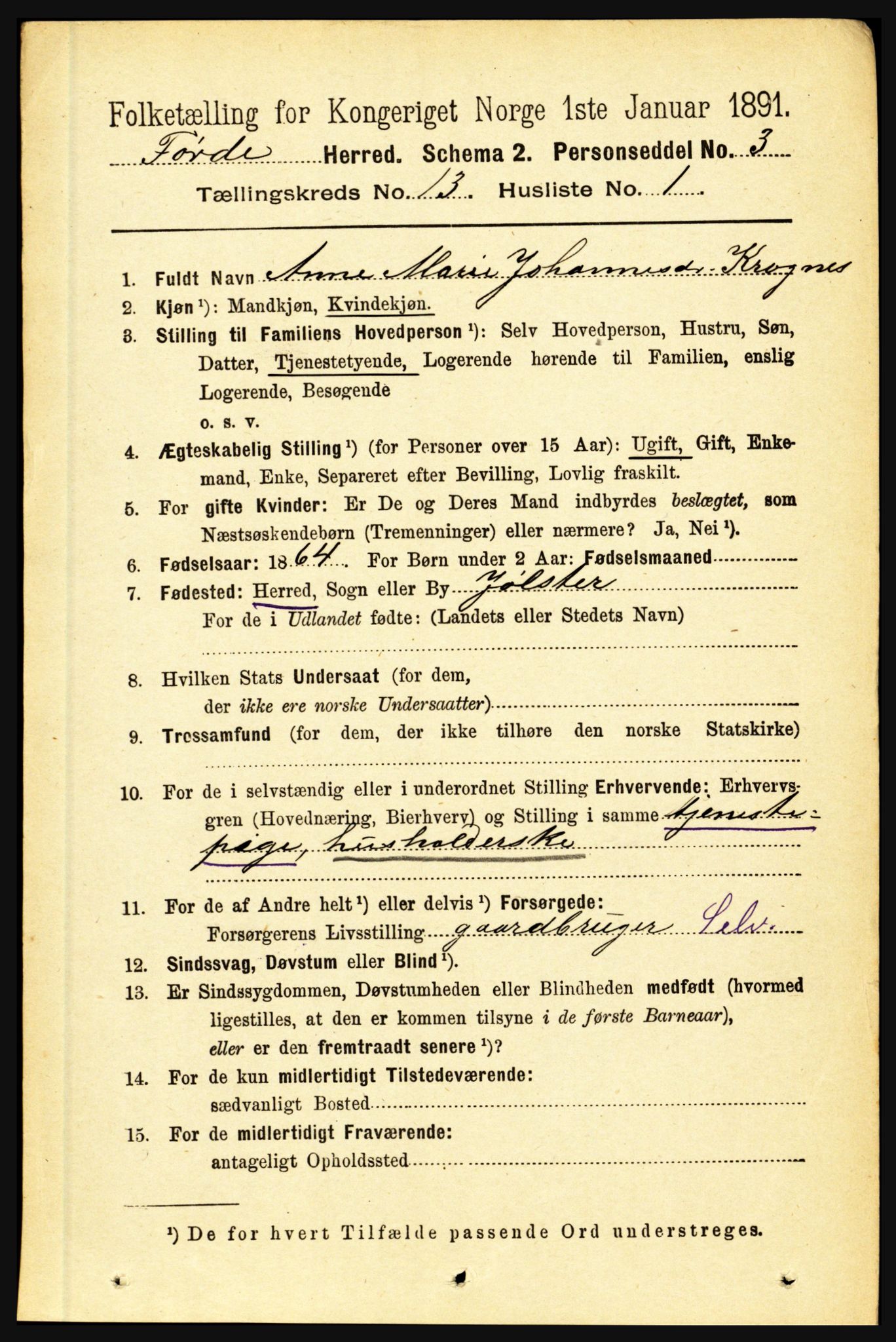 RA, 1891 census for 1432 Førde, 1891, p. 4583