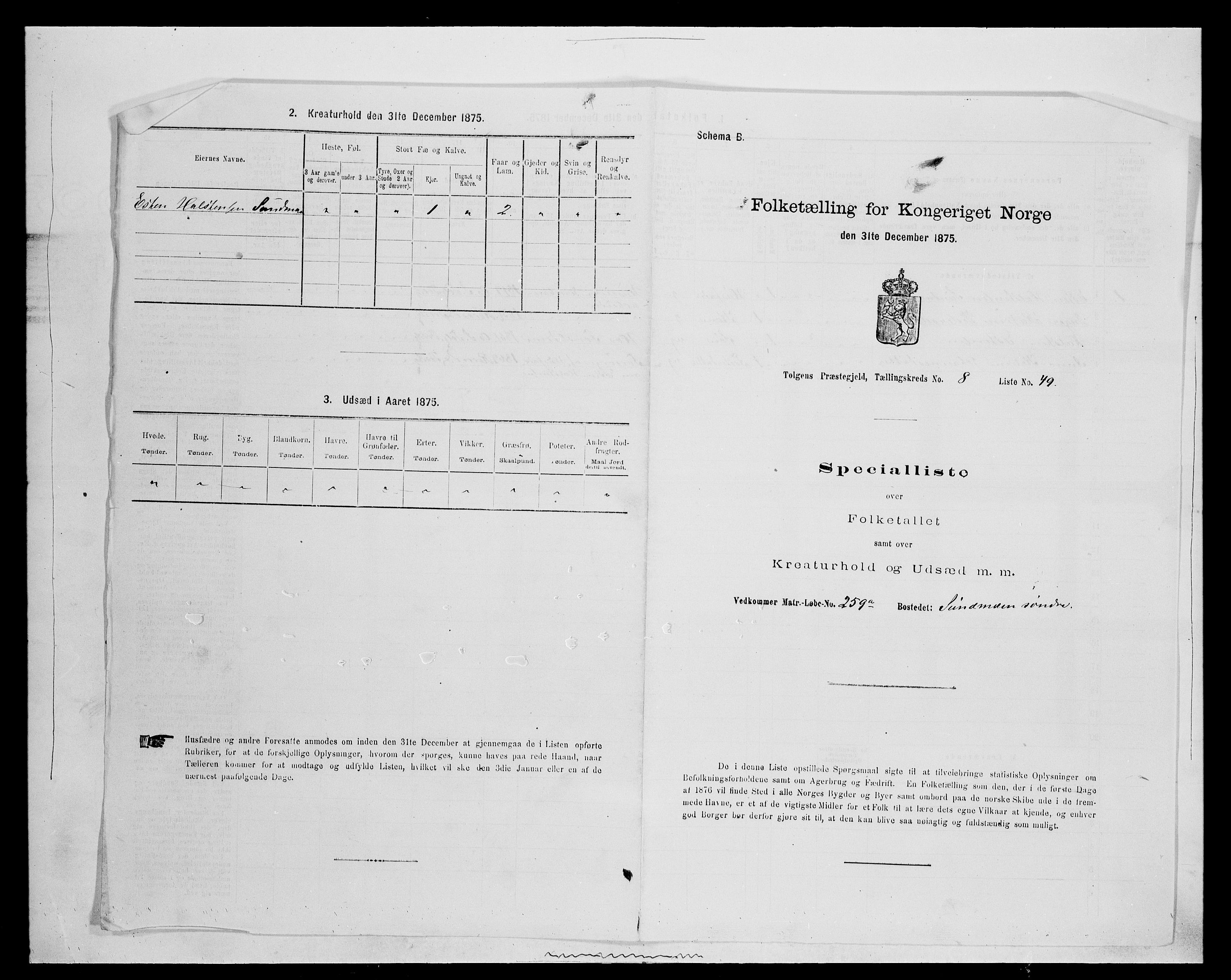 SAH, 1875 census for 0436P Tolga, 1875, p. 884