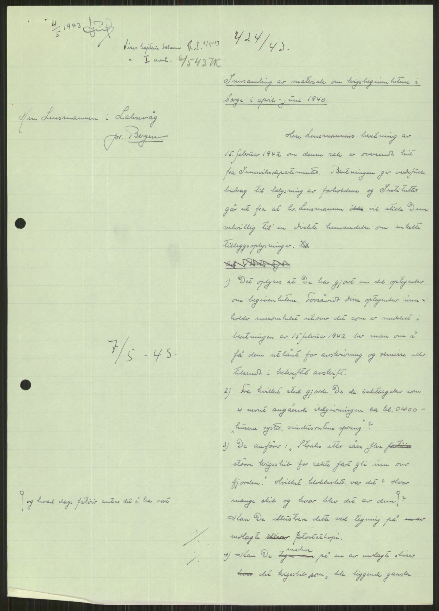 Forsvaret, Forsvarets krigshistoriske avdeling, AV/RA-RAFA-2017/Y/Ya/L0015: II-C-11-31 - Fylkesmenn.  Rapporter om krigsbegivenhetene 1940., 1940, p. 347