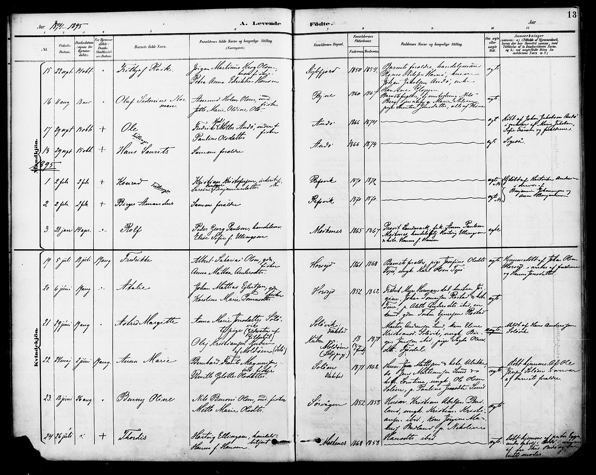 Ministerialprotokoller, klokkerbøker og fødselsregistre - Nordland, AV/SAT-A-1459/886/L1220: Parish register (official) no. 886A02, 1892-1903, p. 13