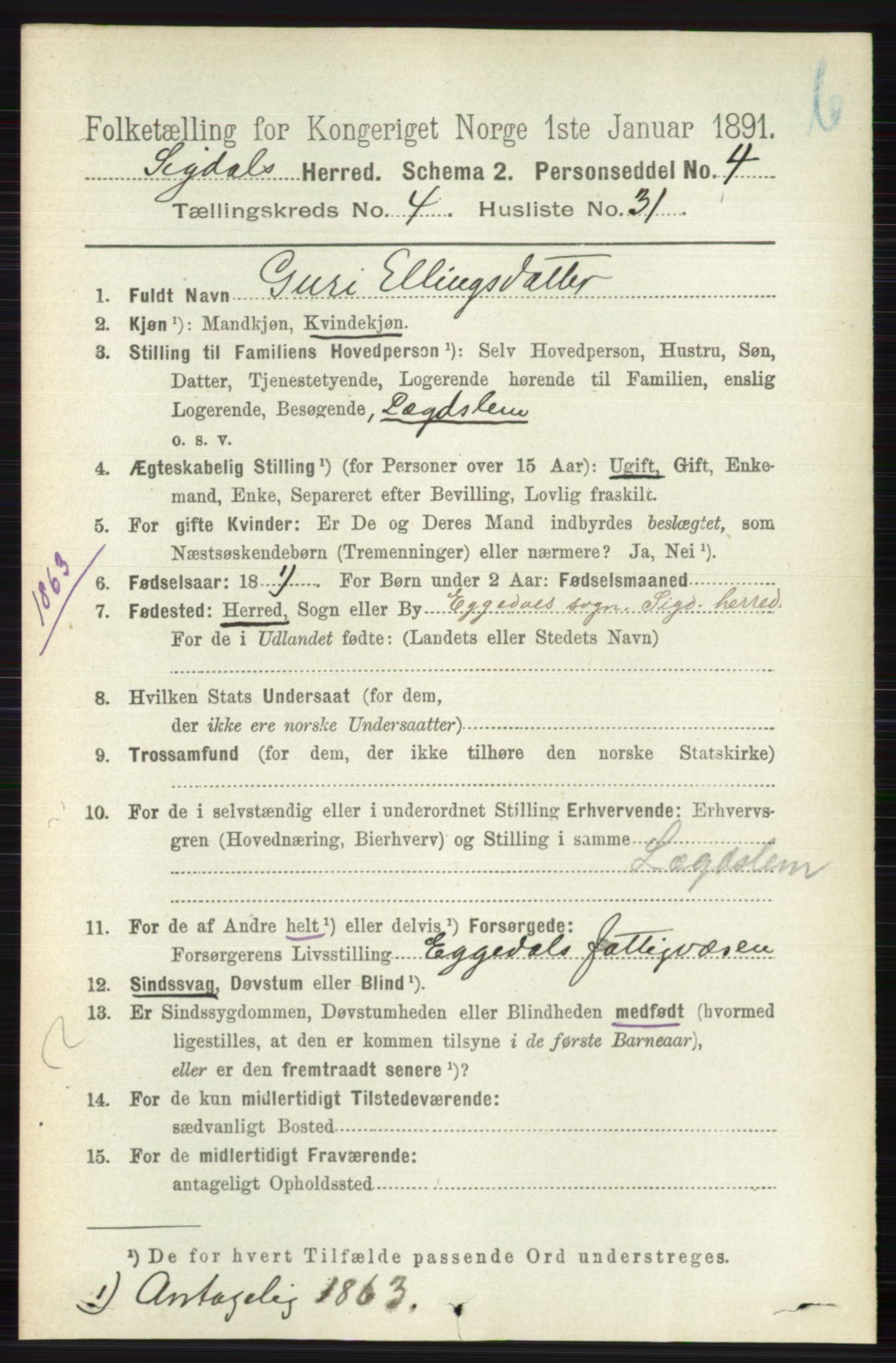 RA, 1891 census for 0621 Sigdal, 1891, p. 4866