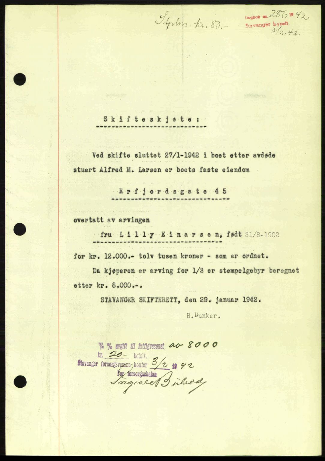 Stavanger byrett, SAST/A-100455/002/G/Gb/L0017: Mortgage book no. A7, 1941-1943, Diary no: : 286/1942