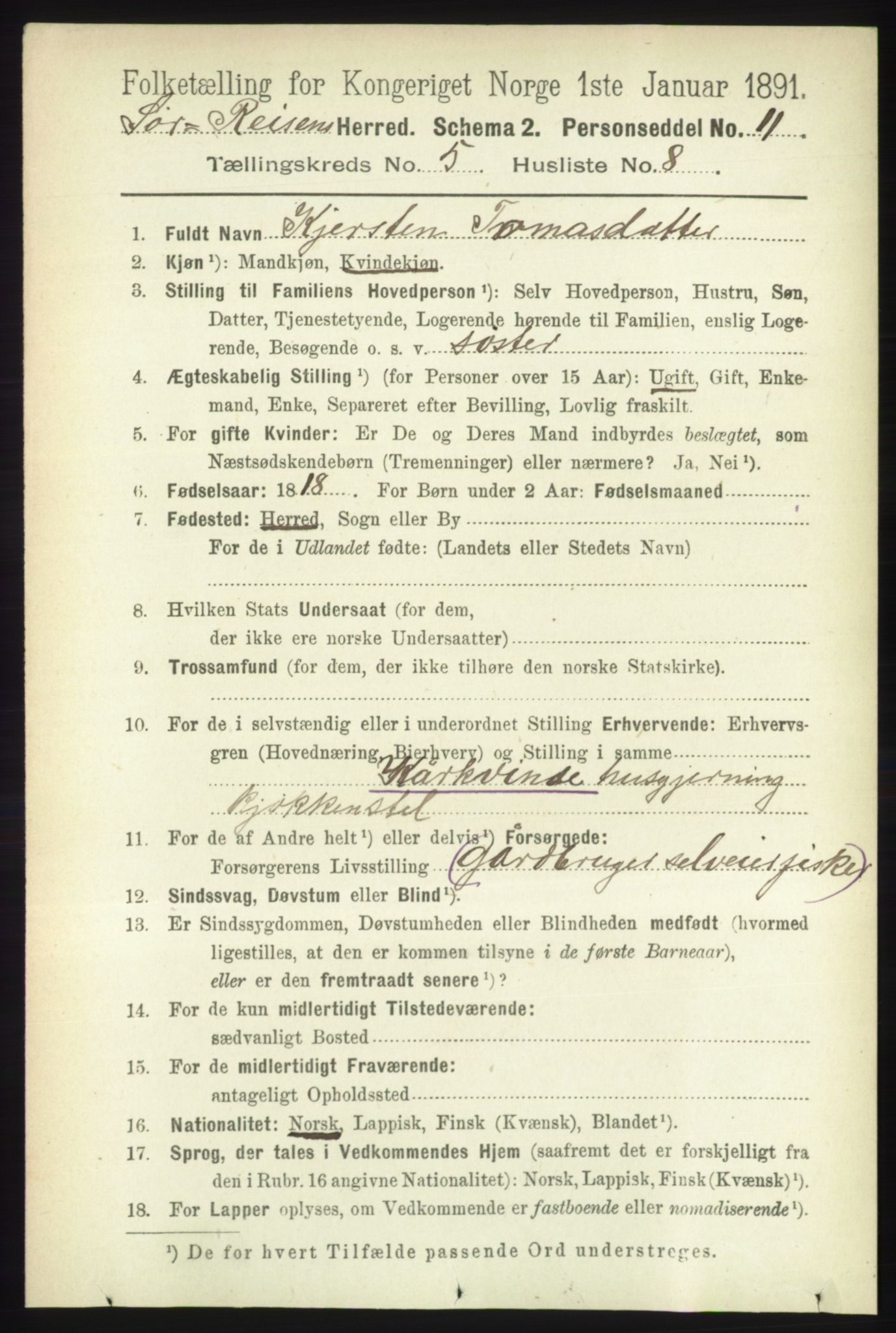 RA, 1891 census for 1925 Sørreisa, 1891, p. 1637