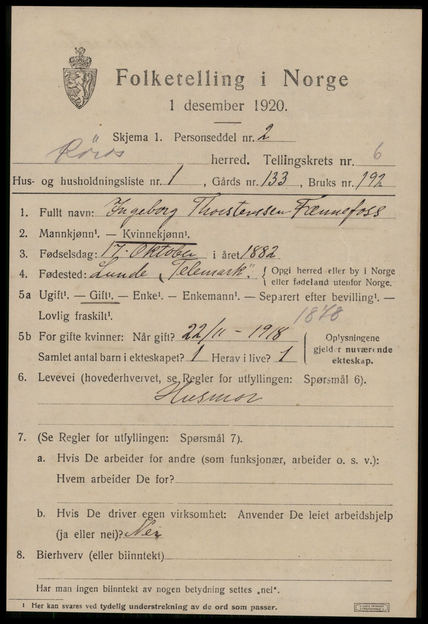 SAT, 1920 census for Røros, 1920, p. 6204