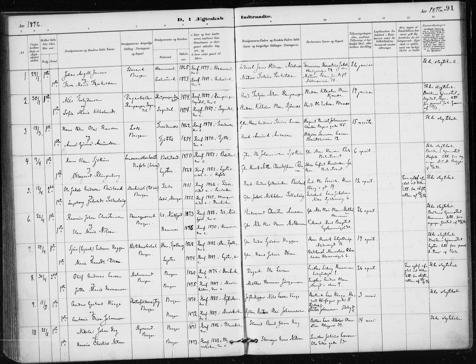 Mariakirken Sokneprestembete, SAB/A-76901/H/Haa/L0013: Parish register (official) no. C 1, 1889-1900, p. 91