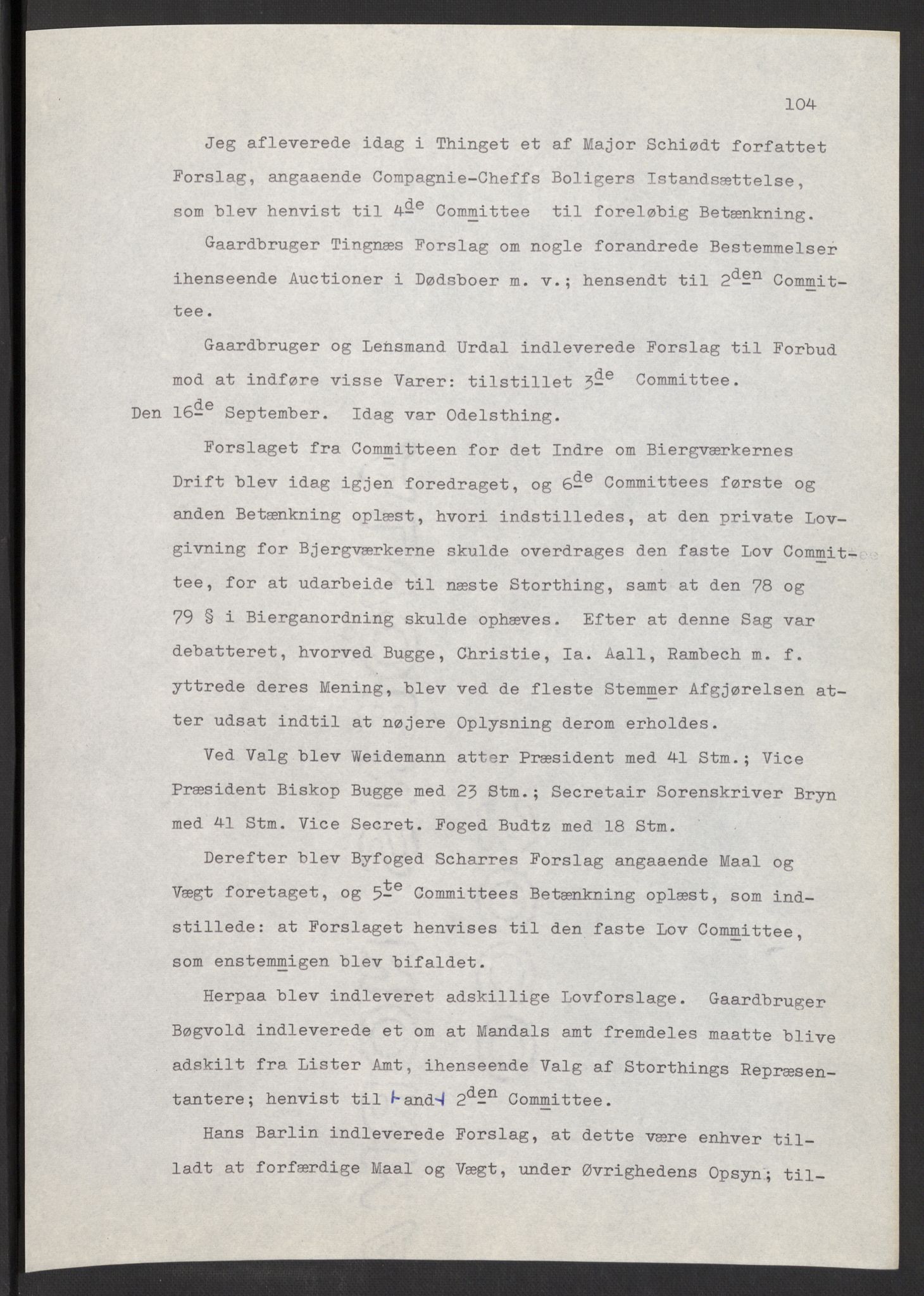 Manuskriptsamlingen, AV/RA-EA-3667/F/L0197: Wetlesen, Hans Jørgen (stortingsmann, ingeniørkaptein); Referat fra Stortinget 1815-1816, 1815-1816, p. 104