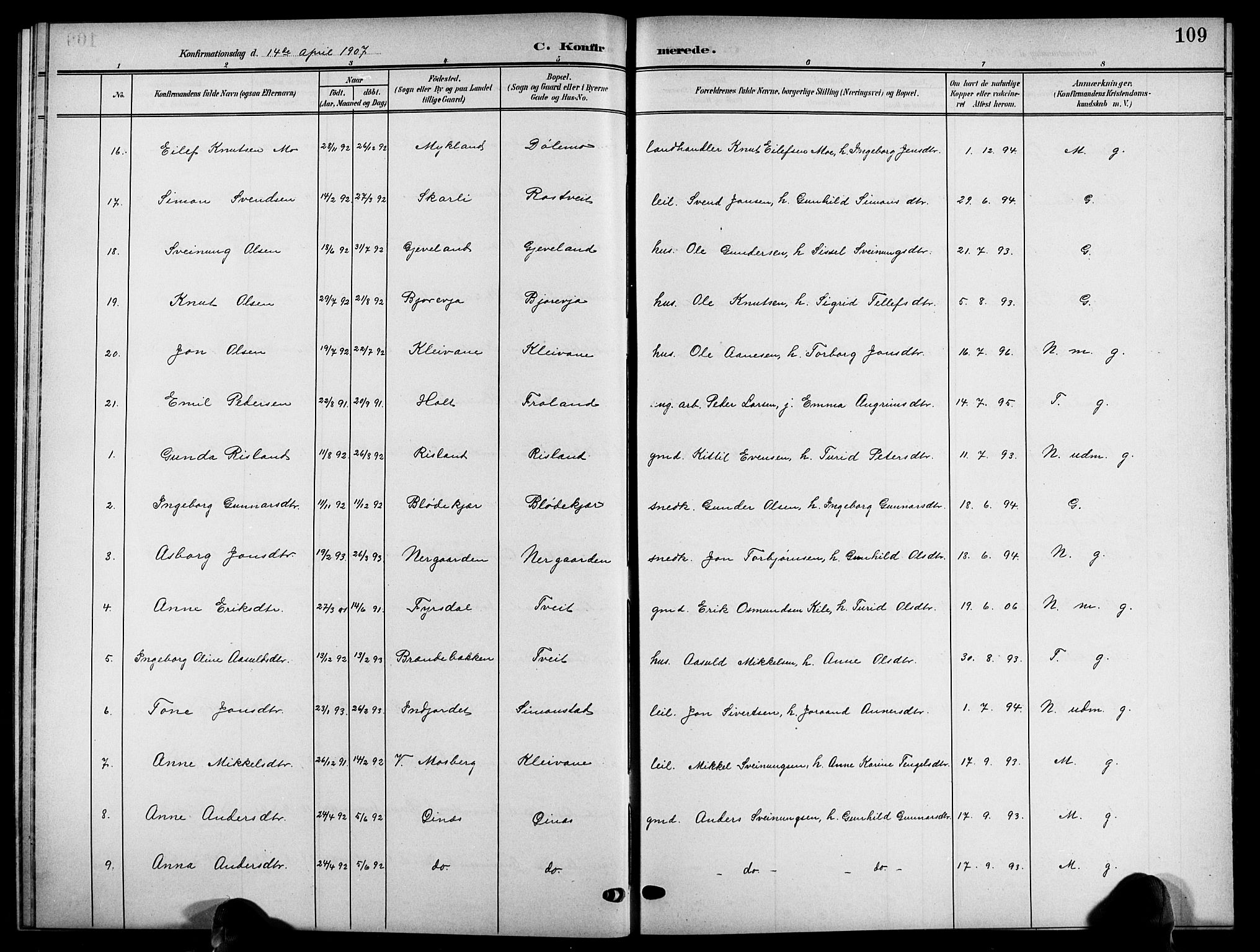 Åmli sokneprestkontor, SAK/1111-0050/F/Fb/Fbc/L0005: Parish register (copy) no. B 5, 1903-1916, p. 109