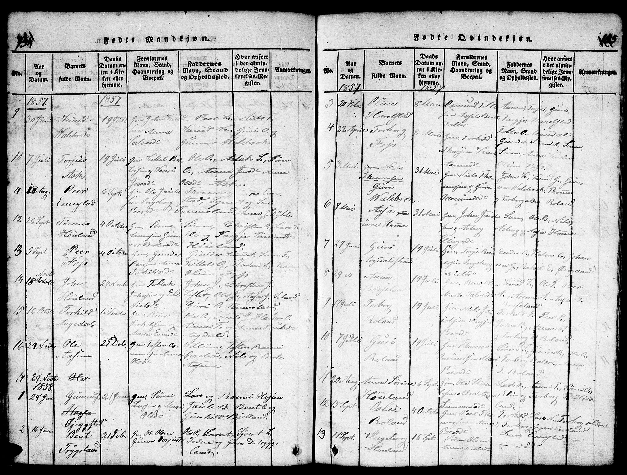 Bjelland sokneprestkontor, SAK/1111-0005/F/Fb/Fba/L0003: Parish register (copy) no. B 3, 1816-1870, p. 134-135