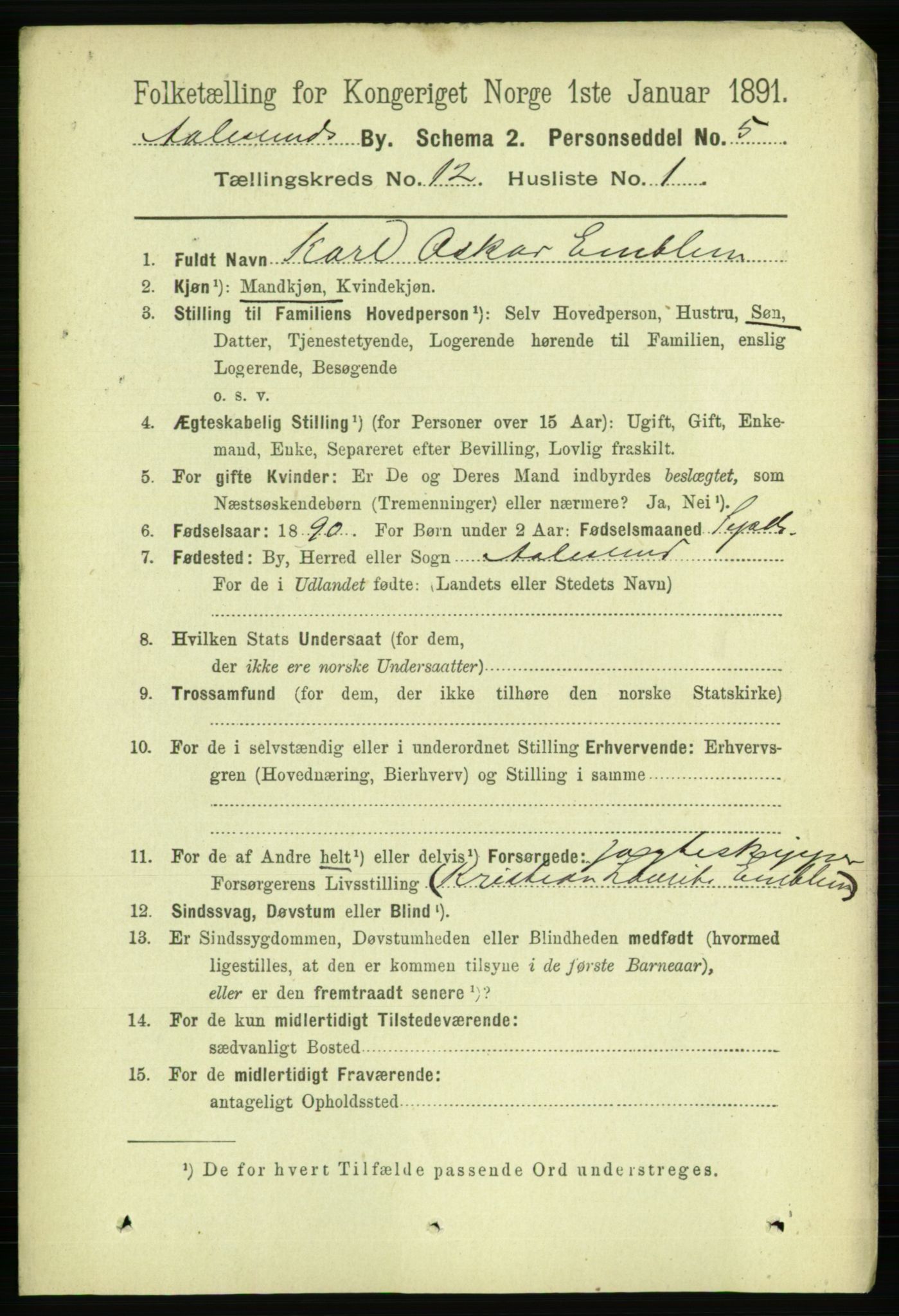 RA, 1891 census for 1501 Ålesund, 1891, p. 7494