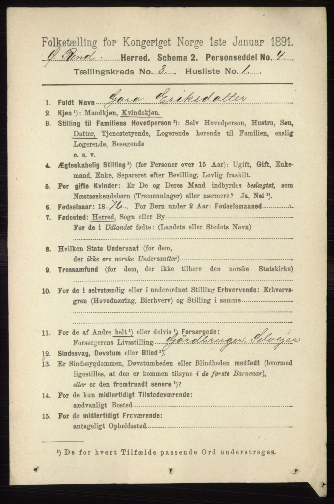 RA, 1891 census for 0433 Øvre Rendal, 1891, p. 821