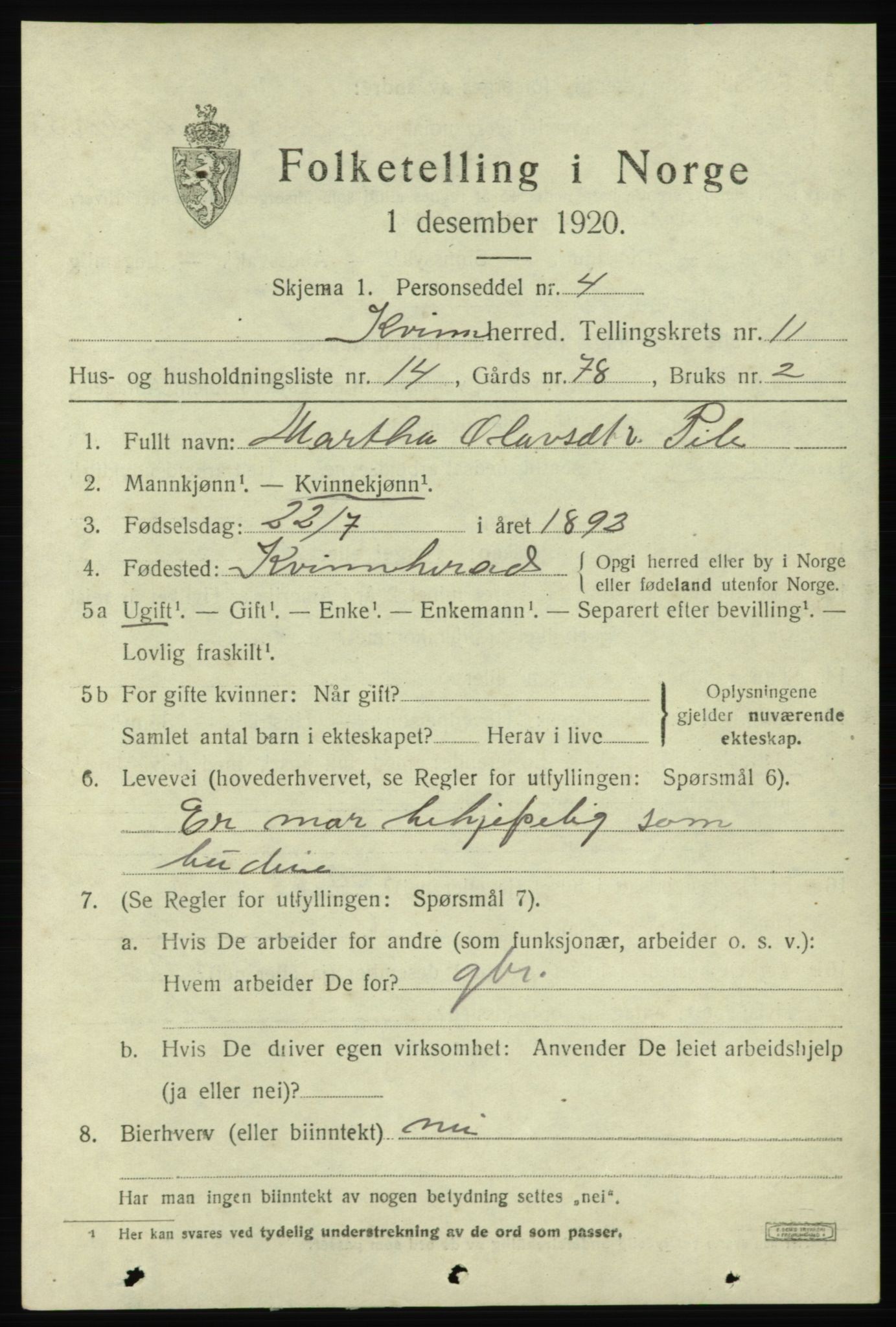 SAB, 1920 census for Kvinnherad, 1920, p. 7300