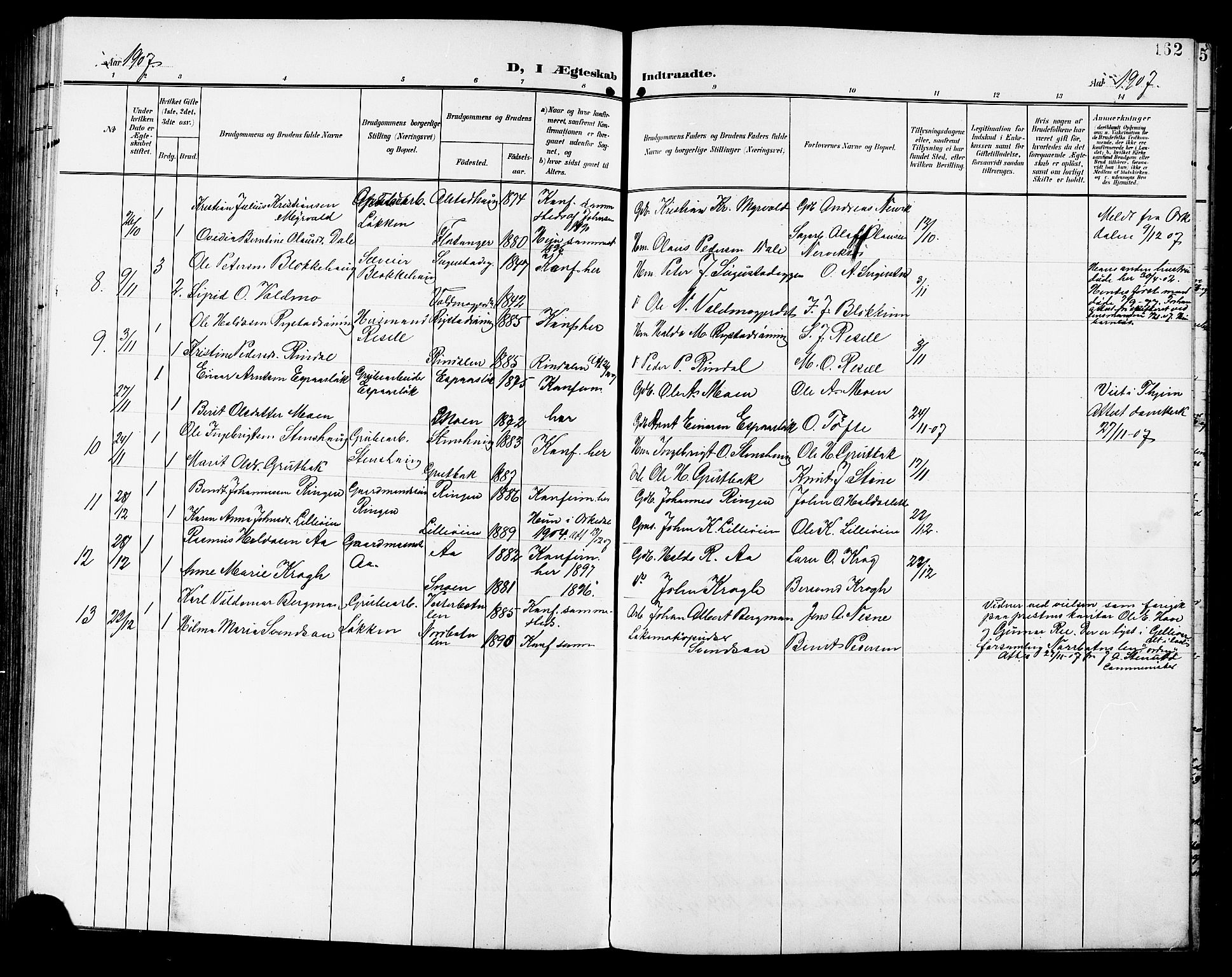 Ministerialprotokoller, klokkerbøker og fødselsregistre - Sør-Trøndelag, AV/SAT-A-1456/672/L0864: Parish register (copy) no. 672C03, 1902-1914, p. 162