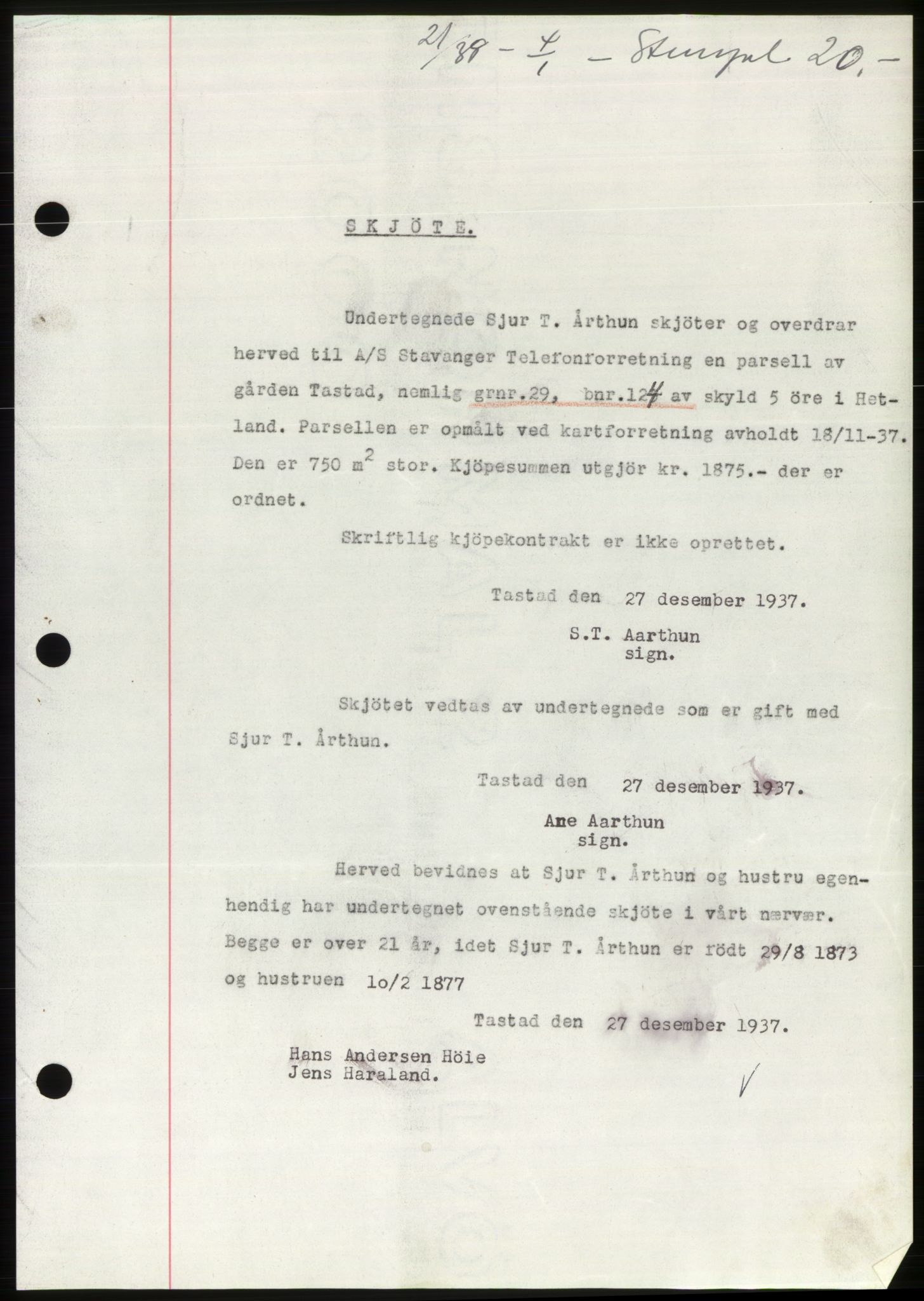 Jæren sorenskriveri, SAST/A-100310/03/G/Gba/L0070: Mortgage book, 1938-1938, Diary no: : 21/1938