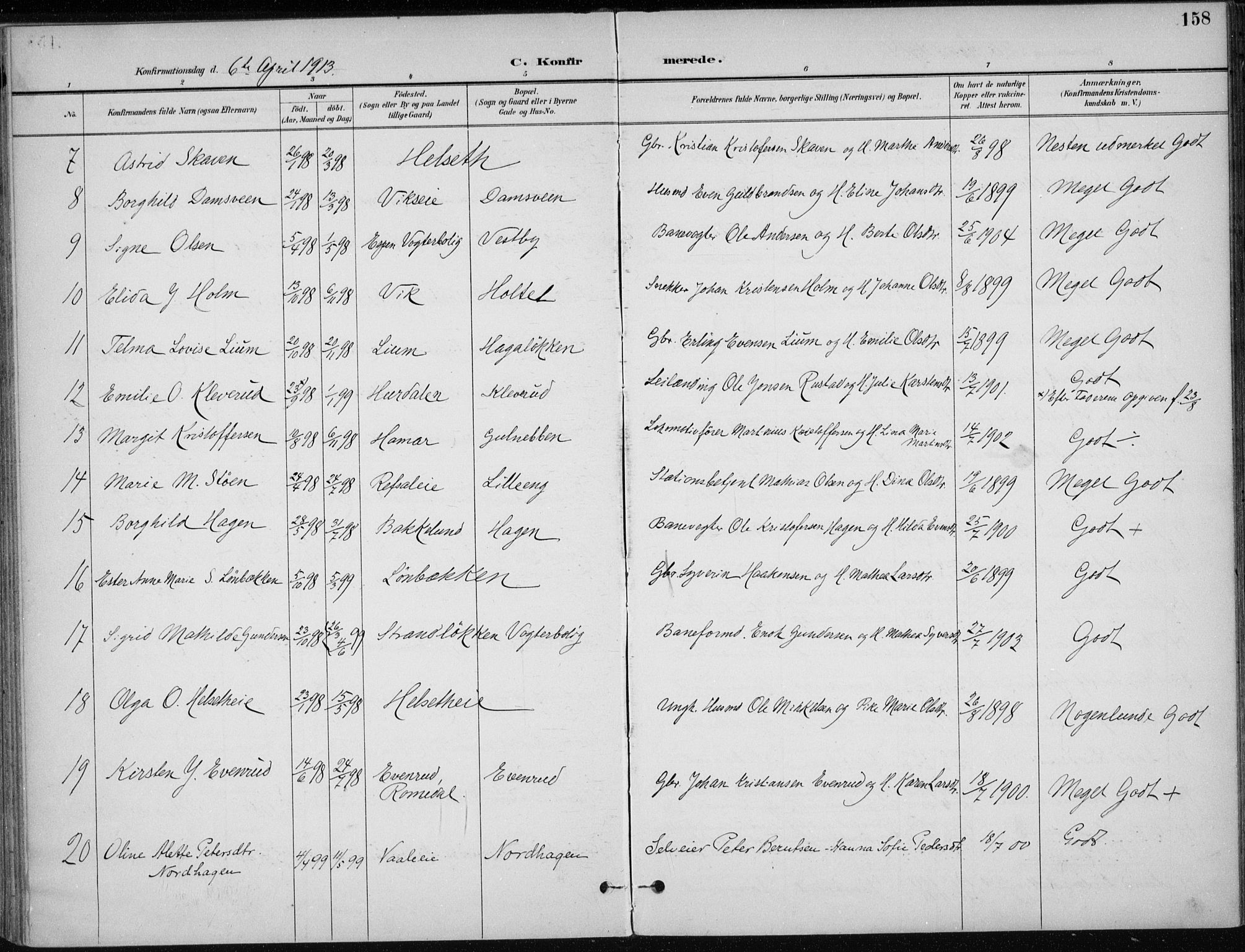 Stange prestekontor, AV/SAH-PREST-002/K/L0023: Parish register (official) no. 23, 1897-1920, p. 158