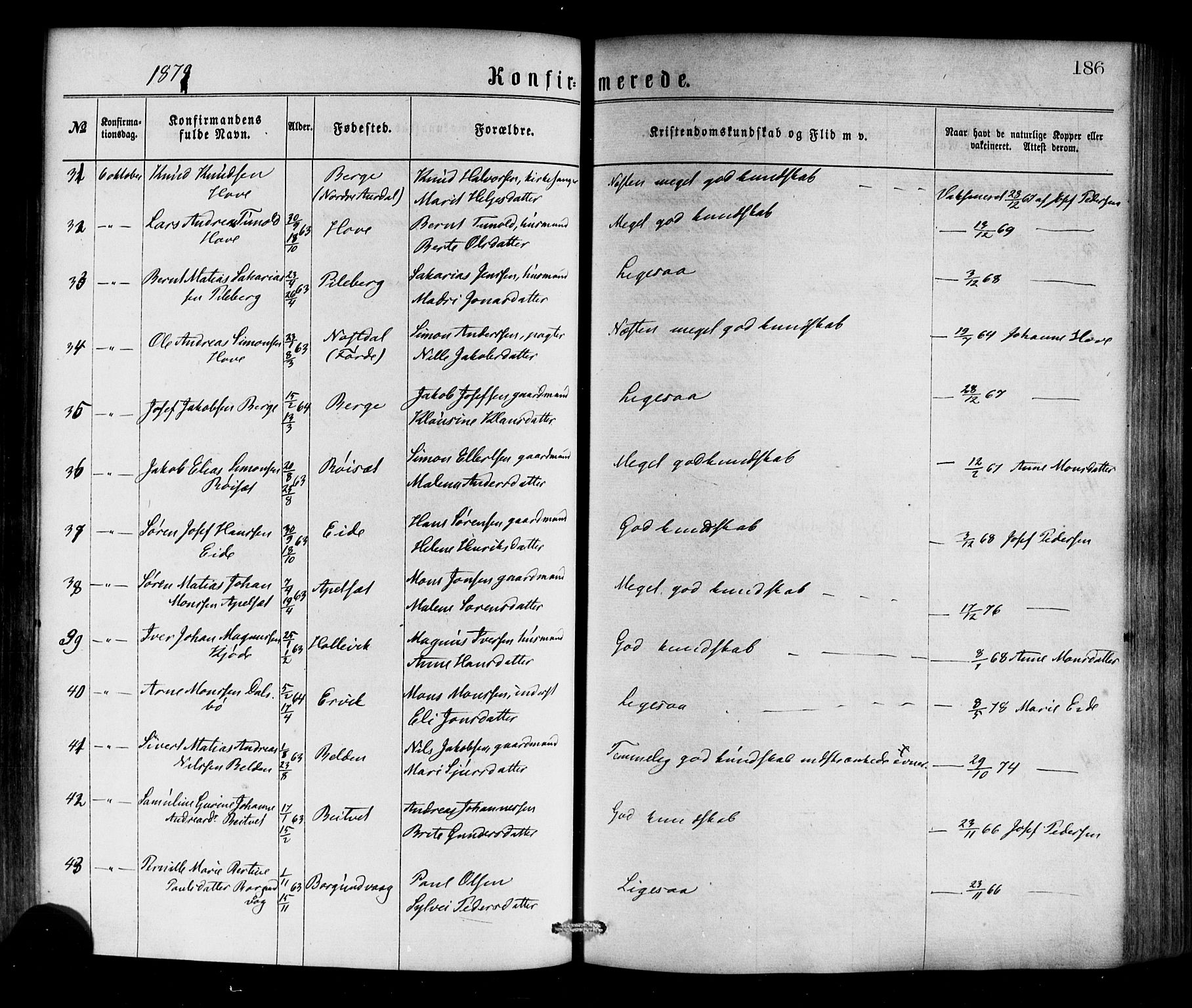 Selje sokneprestembete, SAB/A-99938/H/Ha/Haa/Haaa: Parish register (official) no. A 12, 1870-1880, p. 186
