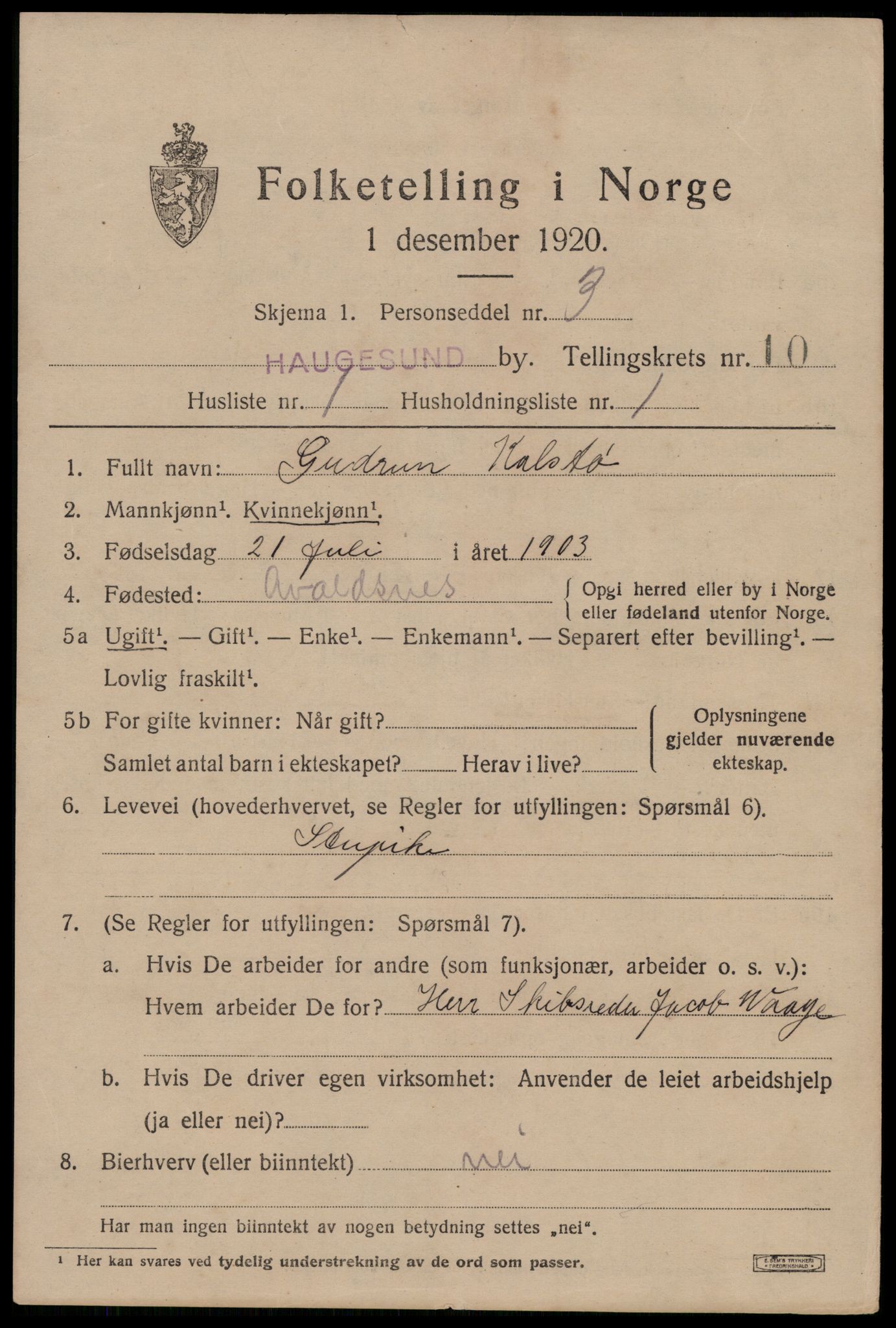 SAST, 1920 census for Haugesund, 1920, p. 33753