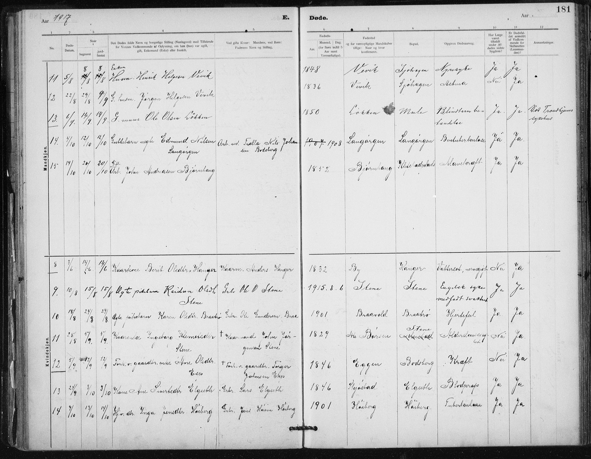 Ministerialprotokoller, klokkerbøker og fødselsregistre - Sør-Trøndelag, AV/SAT-A-1456/612/L0381: Parish register (official) no. 612A13, 1907-1923, p. 181