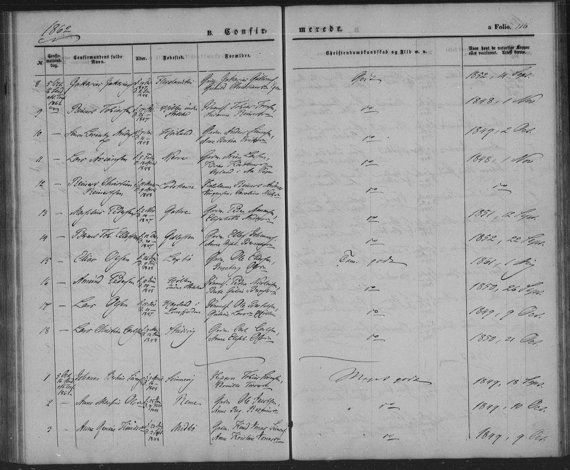 Sør-Audnedal sokneprestkontor, SAK/1111-0039/F/Fa/Faa/L0002: Parish register (official) no. A 2, 1848-1867, p. 116