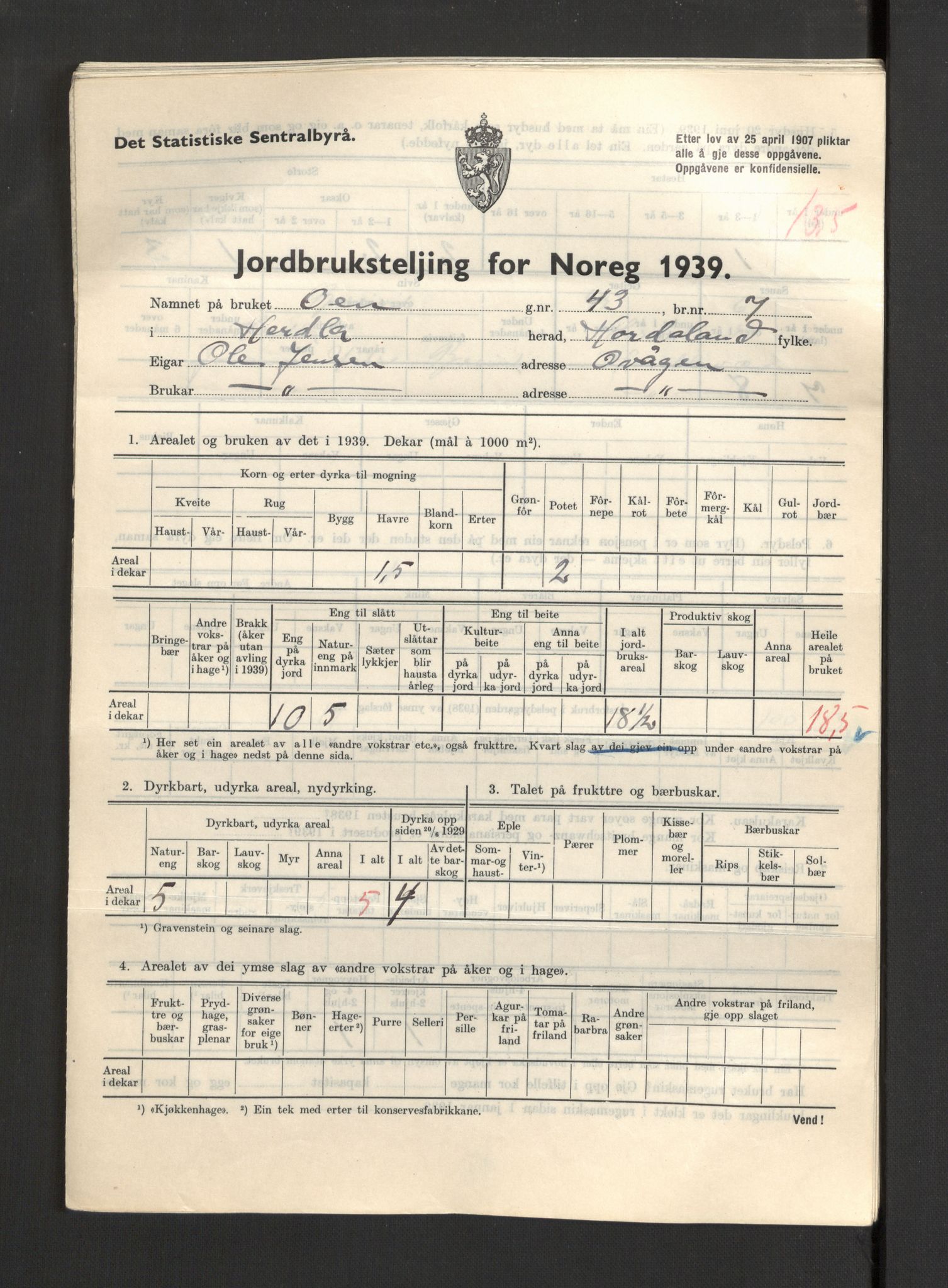 Statistisk sentralbyrå, Næringsøkonomiske emner, Jordbruk, skogbruk, jakt, fiske og fangst, AV/RA-S-2234/G/Gb/L0211: Hordaland: Herdla, Hjelme og Manger, 1939, p. 375