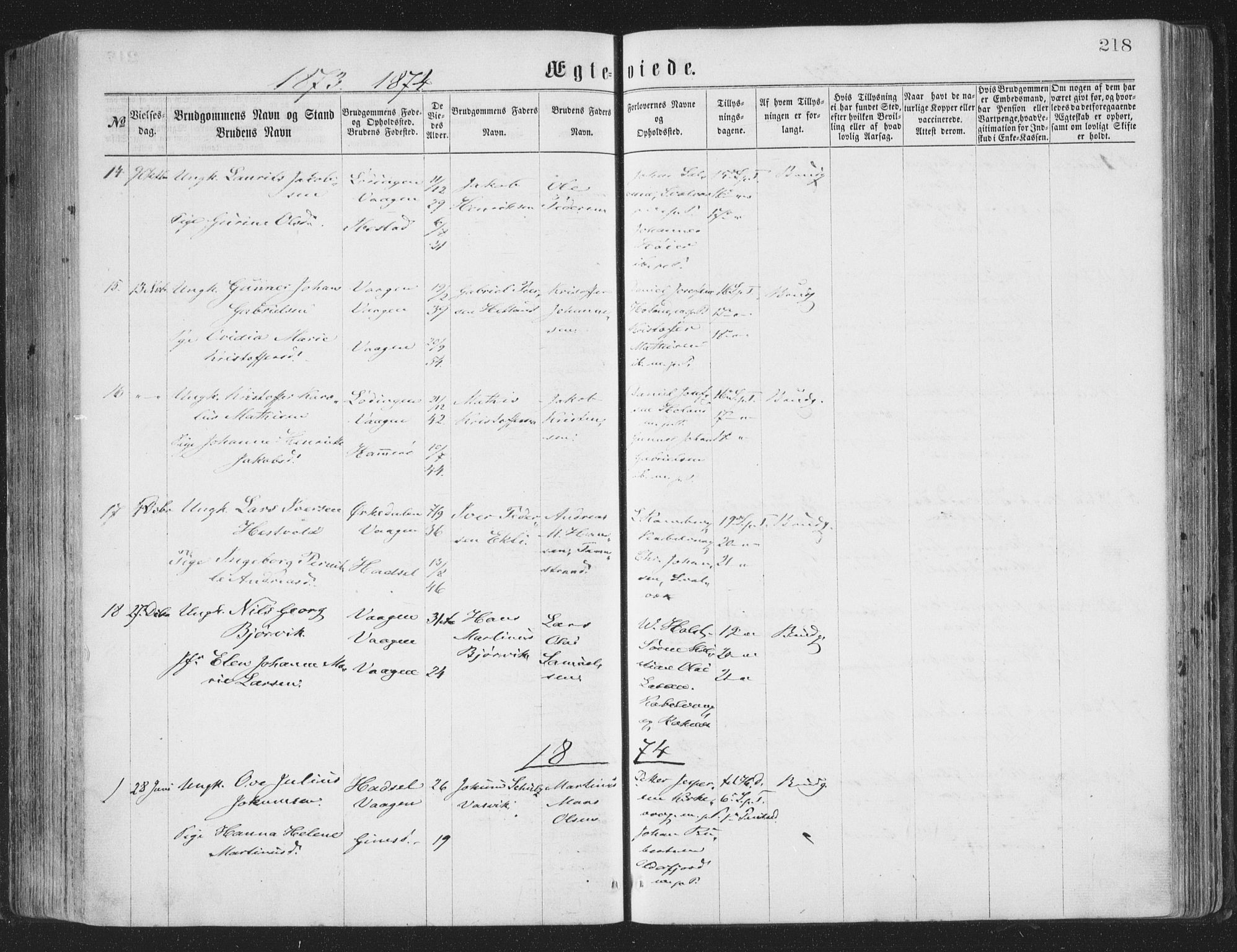 Ministerialprotokoller, klokkerbøker og fødselsregistre - Nordland, AV/SAT-A-1459/874/L1057: Parish register (official) no. 874A01, 1866-1877, p. 218