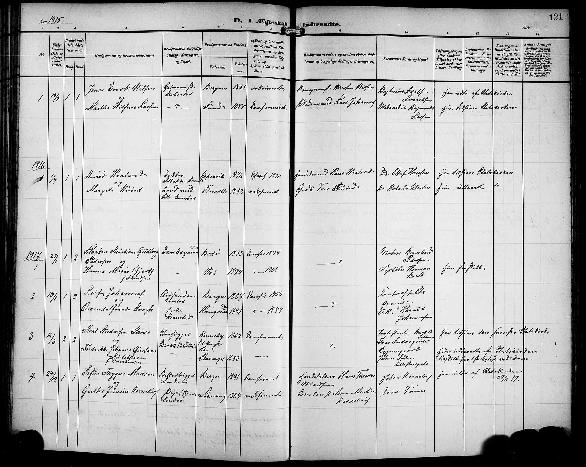 Årstad Sokneprestembete, SAB/A-79301/H/Hab/L0018: Parish register (copy) no. C 1, 1902-1919, p. 121