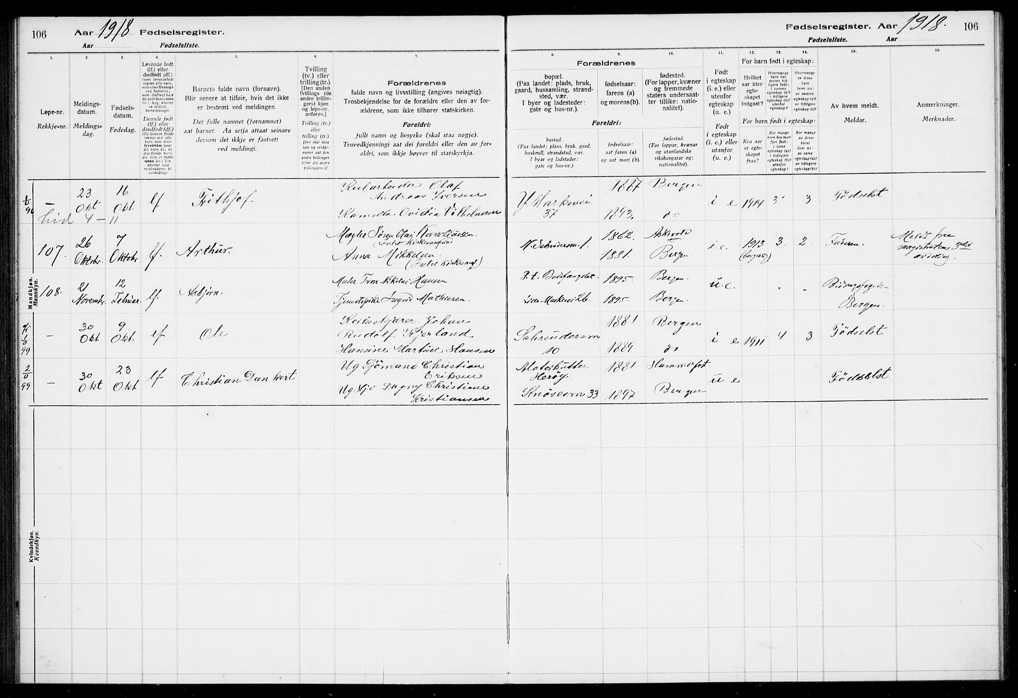 Nykirken Sokneprestembete, AV/SAB-A-77101/I/Id/L00A1: Birth register no. A 1, 1916-1922, p. 106