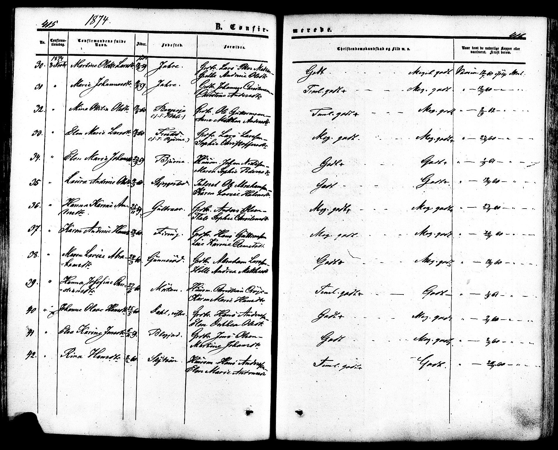 Ramnes kirkebøker, SAKO/A-314/F/Fa/L0006: Parish register (official) no. I 6, 1862-1877, p. 415-416