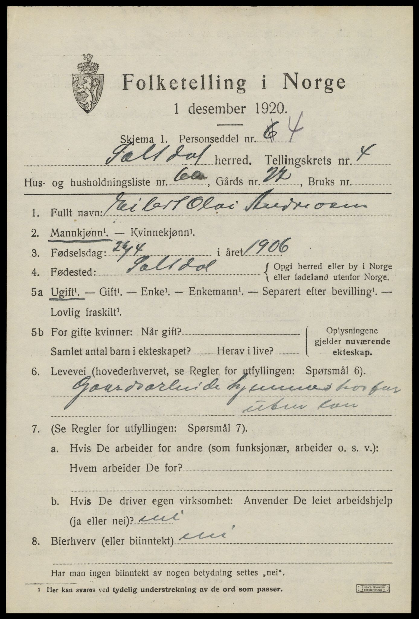 SAT, 1920 census for Saltdal, 1920, p. 6425