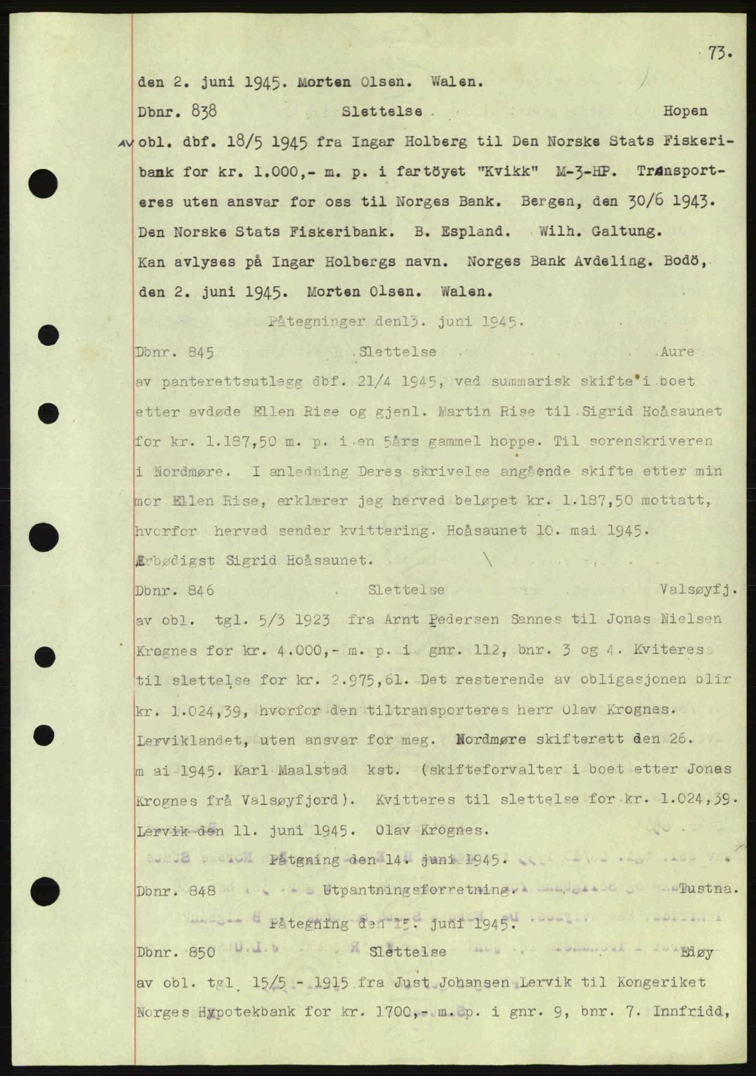 Nordmøre sorenskriveri, AV/SAT-A-4132/1/2/2Ca: Mortgage book no. C82a, 1945-1946, Diary no: : 838/1945