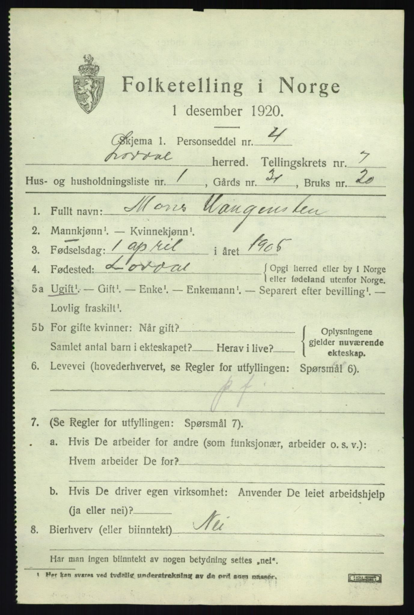 SAB, 1920 census for Lærdal, 1920, p. 3176