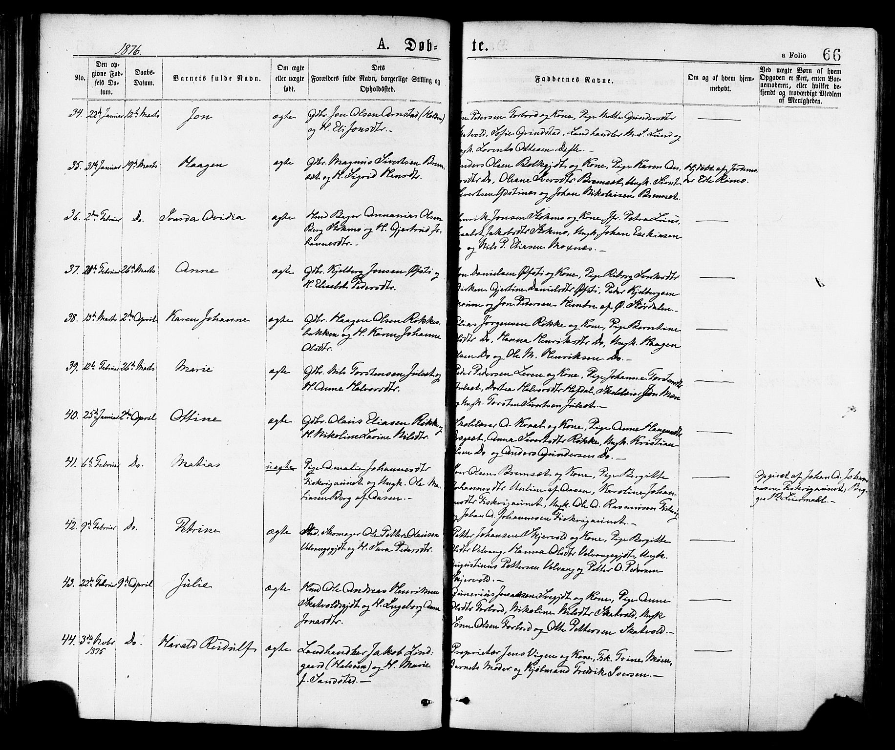 Ministerialprotokoller, klokkerbøker og fødselsregistre - Nord-Trøndelag, AV/SAT-A-1458/709/L0076: Parish register (official) no. 709A16, 1871-1879, p. 66