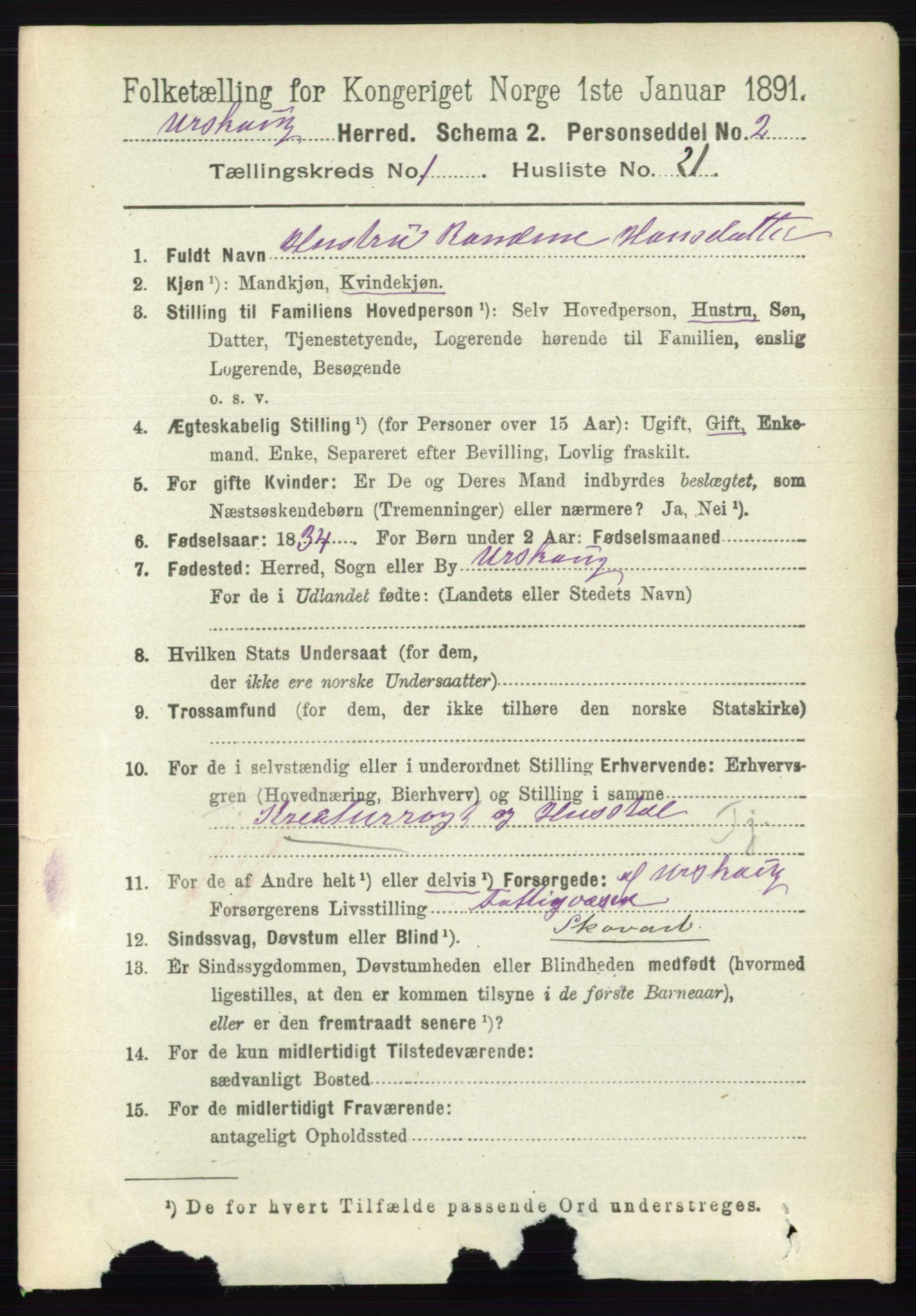 RA, 1891 census for 0224 Aurskog, 1891, p. 160