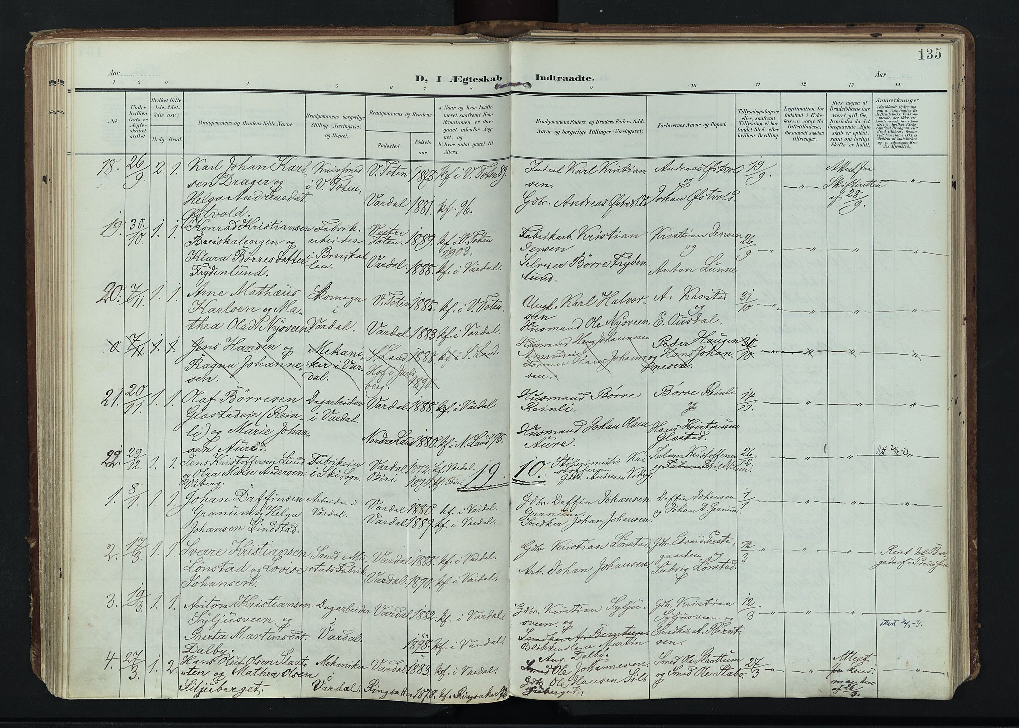 Vardal prestekontor, SAH/PREST-100/H/Ha/Haa/L0020: Parish register (official) no. 20, 1907-1921, p. 135